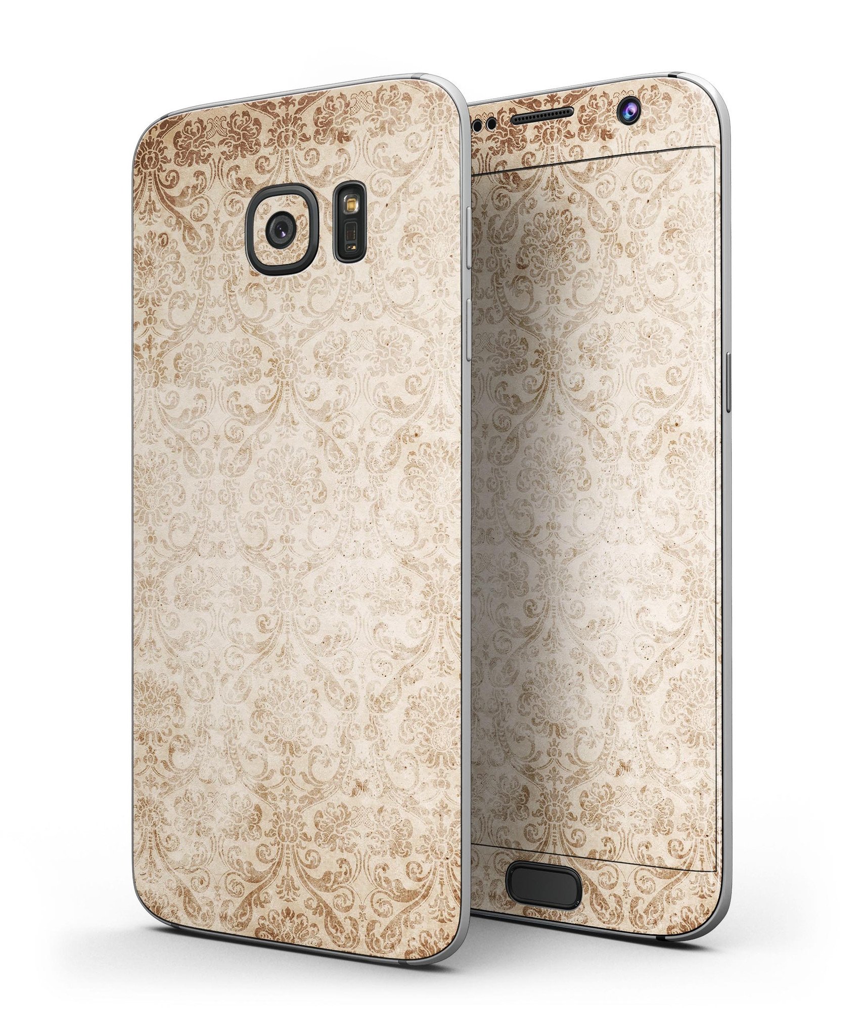 Faded Brown and Yellow Rococo Pattern skin kit for Samsung Galaxy S7 and S7 Edge, showcasing a stylish design with full-body coverage.