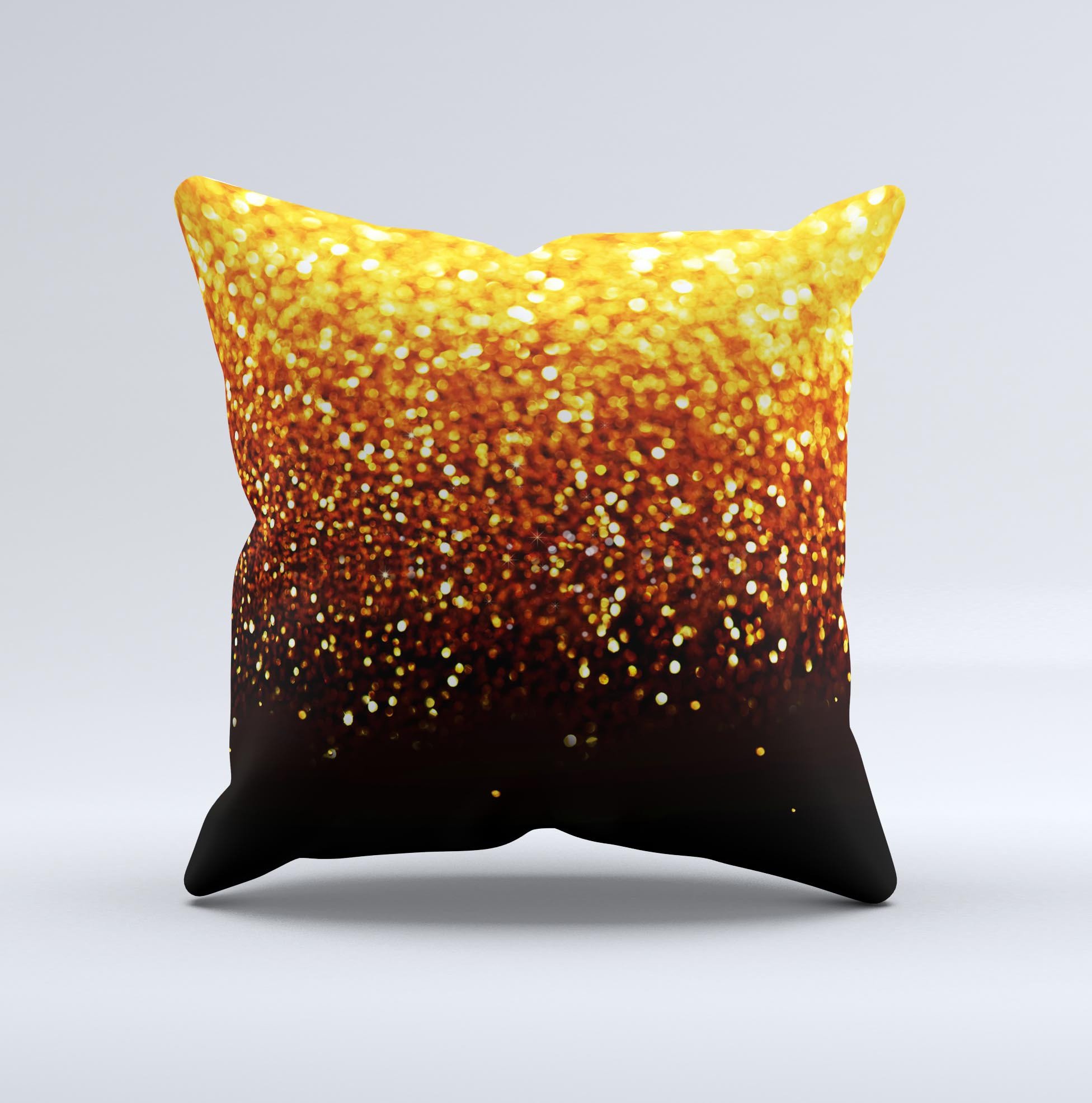 Faded Gold Glimmer Ink-Fuzed Decorative Throw Pillow showcasing a unique handmade design with a luxurious texture.