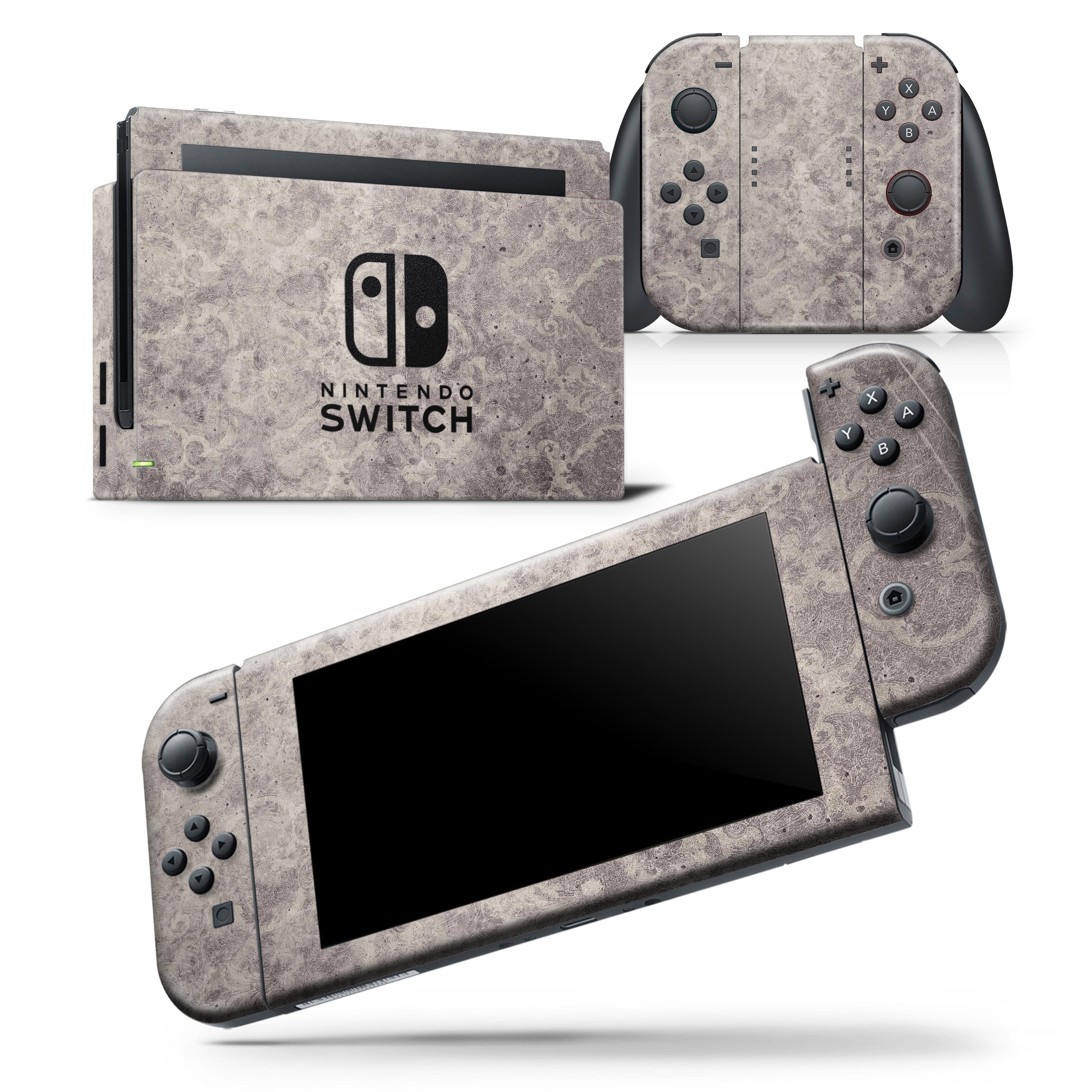 Faded Gray Cauliflower Damask Pattern skin wrap decal for Nintendo Switch, showcasing a stylish design and premium vinyl material.