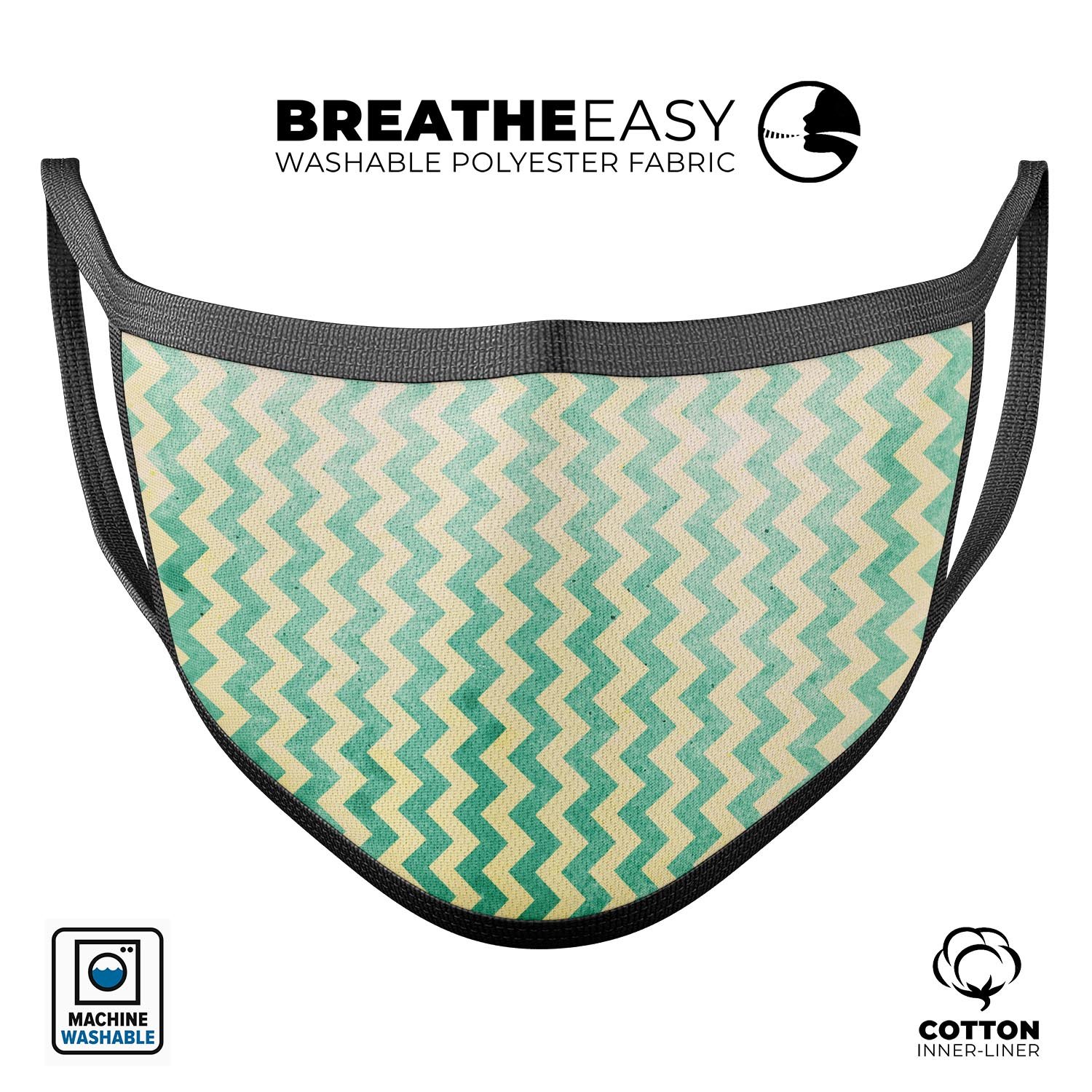 Faded Green Chevron Pattern mouth cover, showcasing a stylish design with adjustable ear loops, made from soft cotton material.