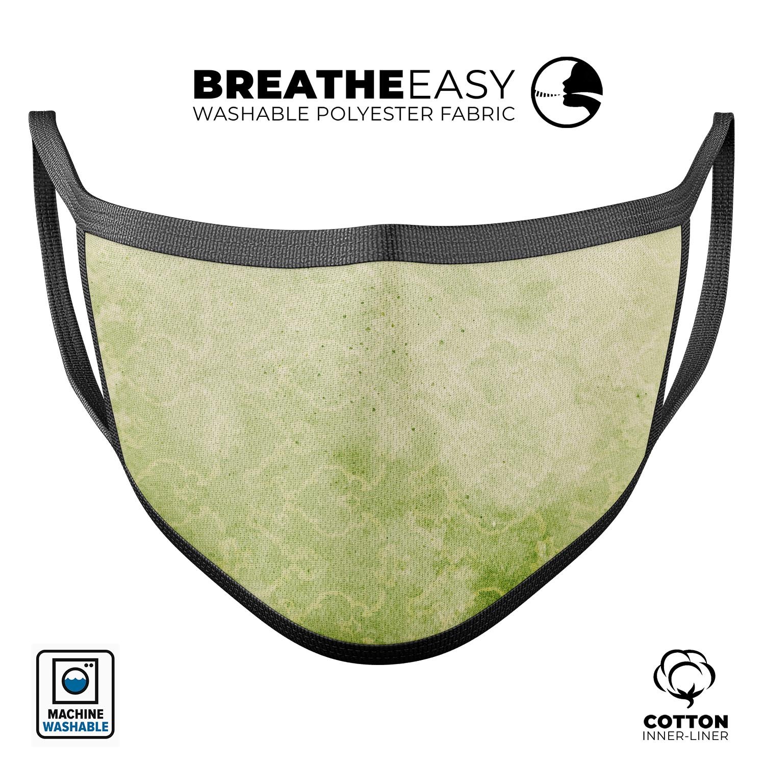 Faded Green Grunge Inflated Damask Pattern mouth cover, showcasing a stylish design with adjustable ear loops.