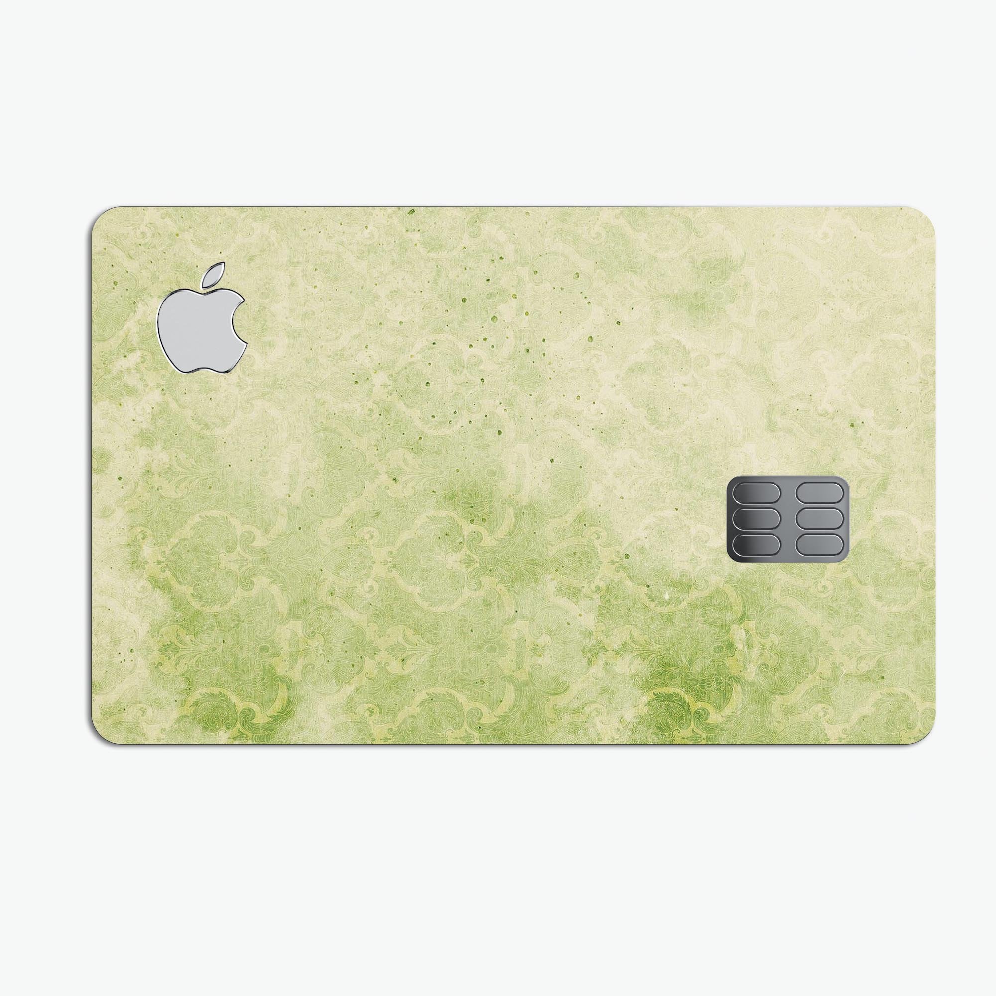 Faded Green Grunge Inflated Damask Pattern decal applied on an Apple Card, showcasing its stylish design and premium finish.