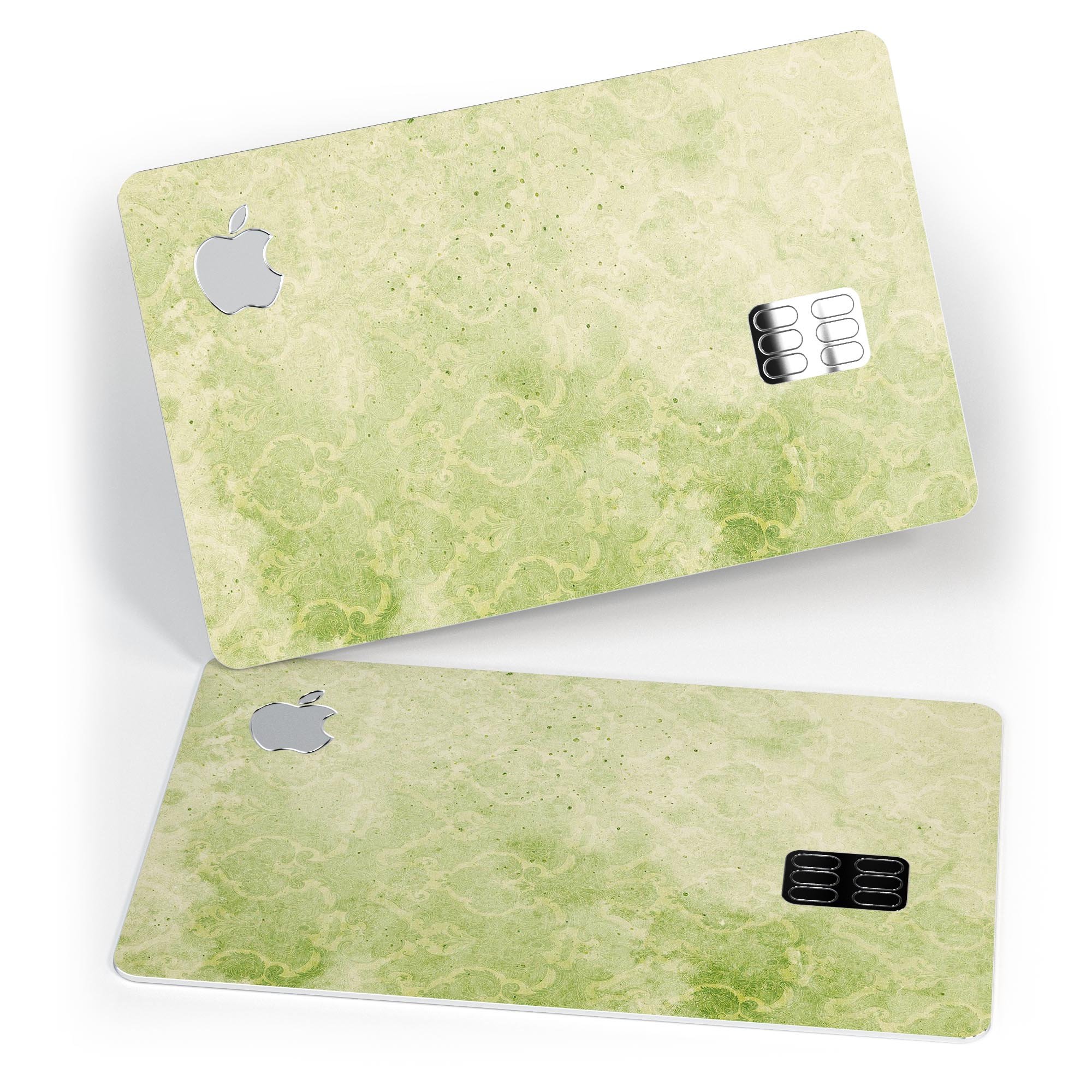 Faded Green Grunge Inflated Damask Pattern decal applied on an Apple Card, showcasing its stylish design and premium finish.