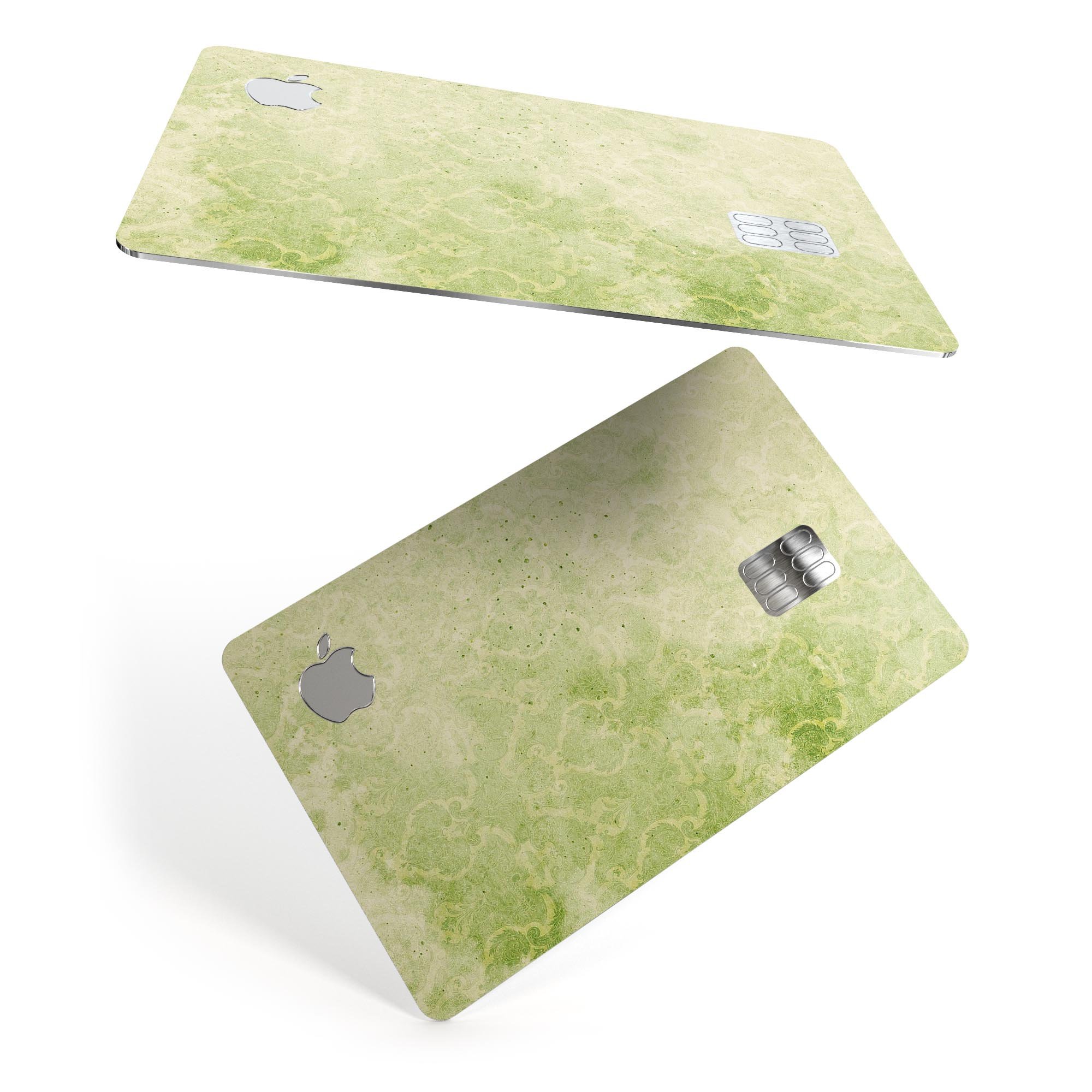 Faded Green Grunge Inflated Damask Pattern decal applied on an Apple Card, showcasing its stylish design and premium finish.