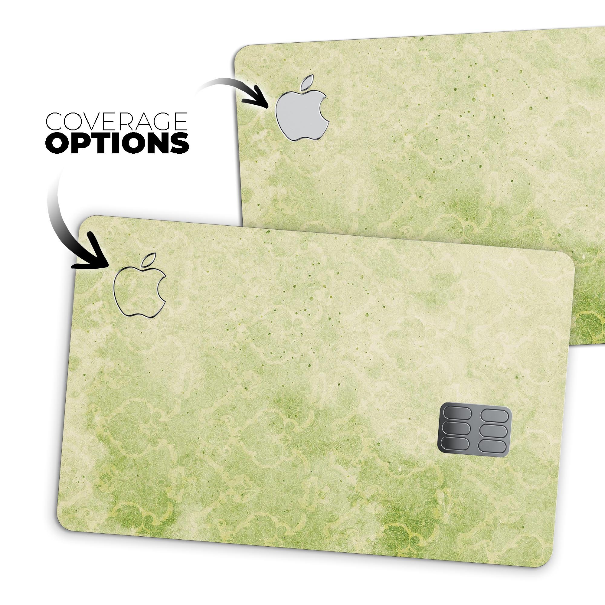 Faded Green Grunge Inflated Damask Pattern decal applied on an Apple Card, showcasing its stylish design and premium finish.