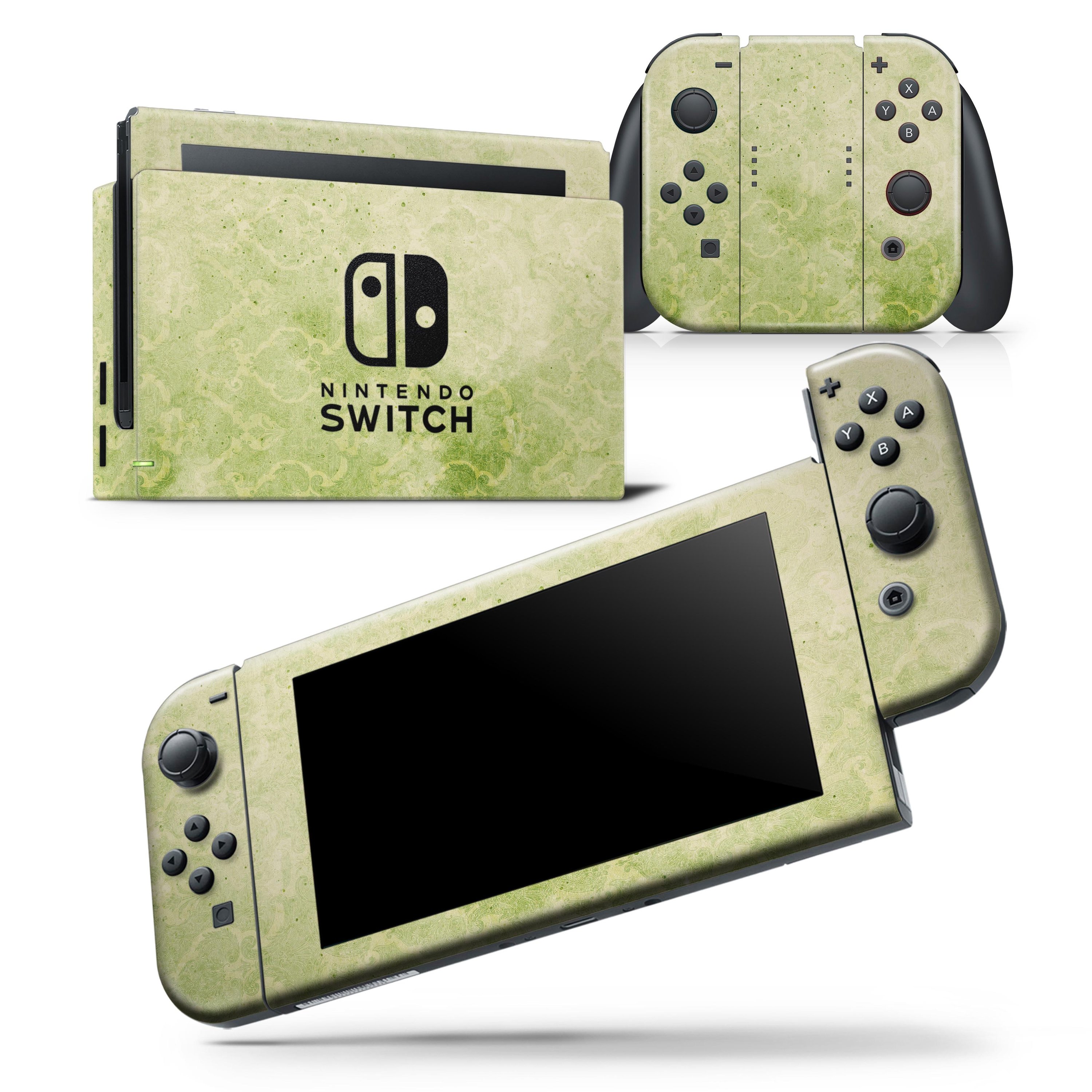 Faded Green Grunge Inflated Damask Pattern Skin Wrap Decal for Nintendo Switch, showcasing a stylish design that fits snugly on the console and controllers.