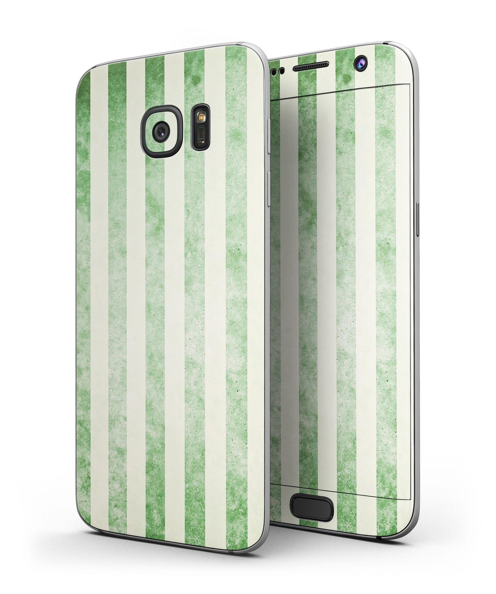 Faded Green Vertical Stripes Full Body Skin-Kit for Samsung Galaxy S7/S7 Edge, showcasing a stylish design and premium vinyl material.