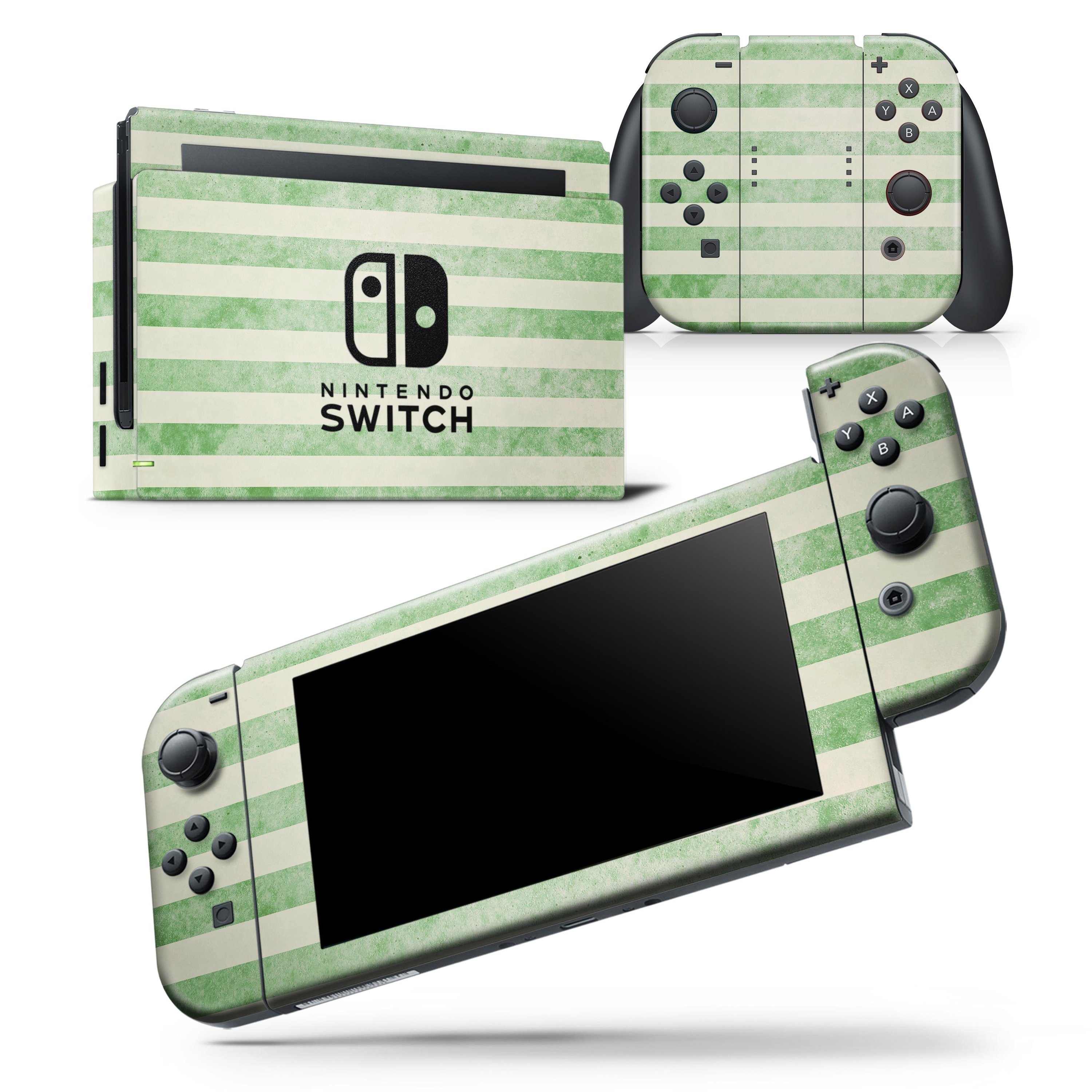 Faded green vertical stripes skin wrap decal for Nintendo Switch, showcasing a stylish design that fits snugly on the console and controllers.