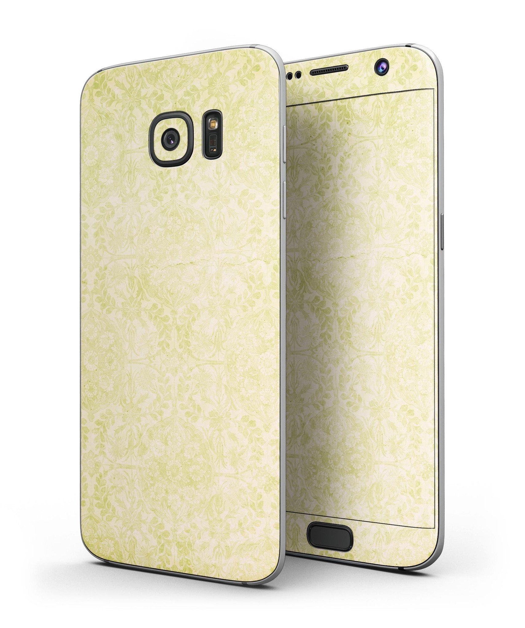 Faded Lime Damask Pattern skin kit for Samsung Galaxy S7 and S7 Edge, showcasing vibrant design and premium vinyl material.