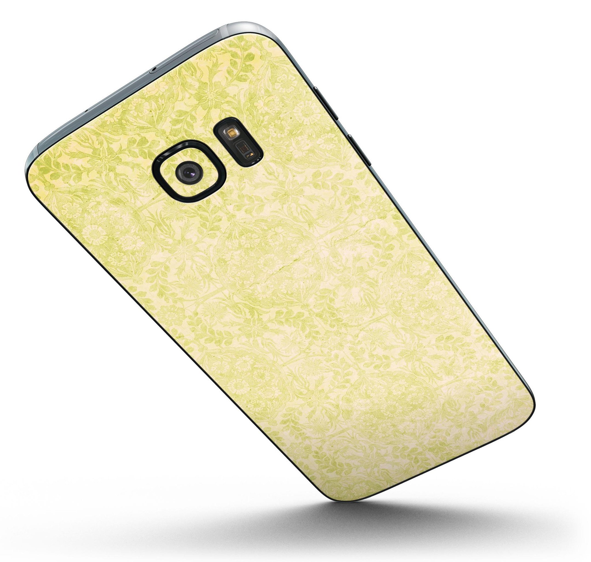 Faded Lime Damask Pattern skin kit for Samsung Galaxy S7 and S7 Edge, showcasing vibrant design and premium vinyl material.