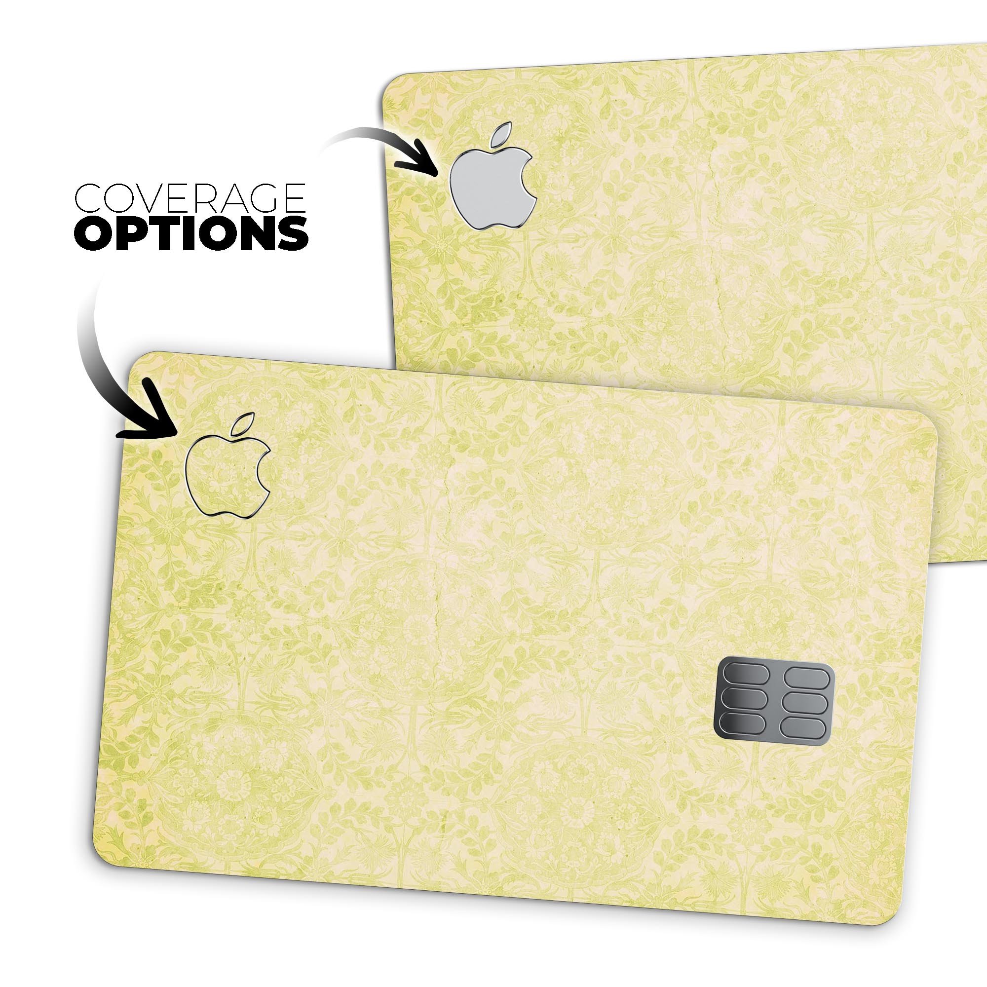 Faded Lime Damask Pattern skin for Apple Card, showcasing a stylish design with premium vinyl material.