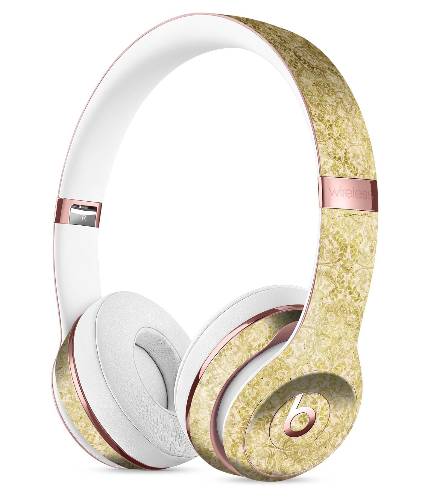 Faded mustard floral damask pattern skin kit for Beats by Dre Solo 3 Wireless Headphones, showcasing vibrant design and precise cut.