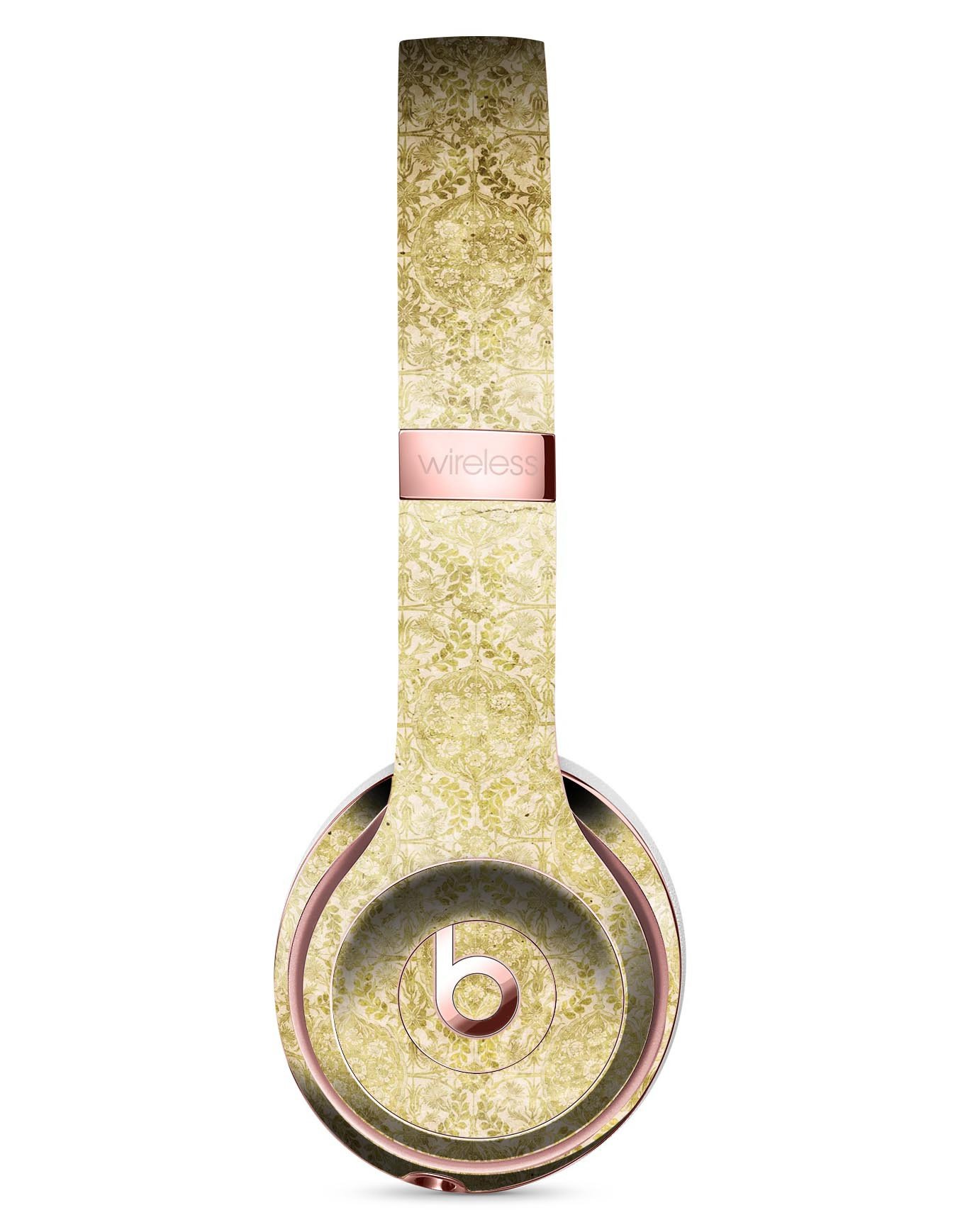 Faded mustard floral damask pattern skin kit for Beats by Dre Solo 3 Wireless Headphones, showcasing vibrant design and precise cut.