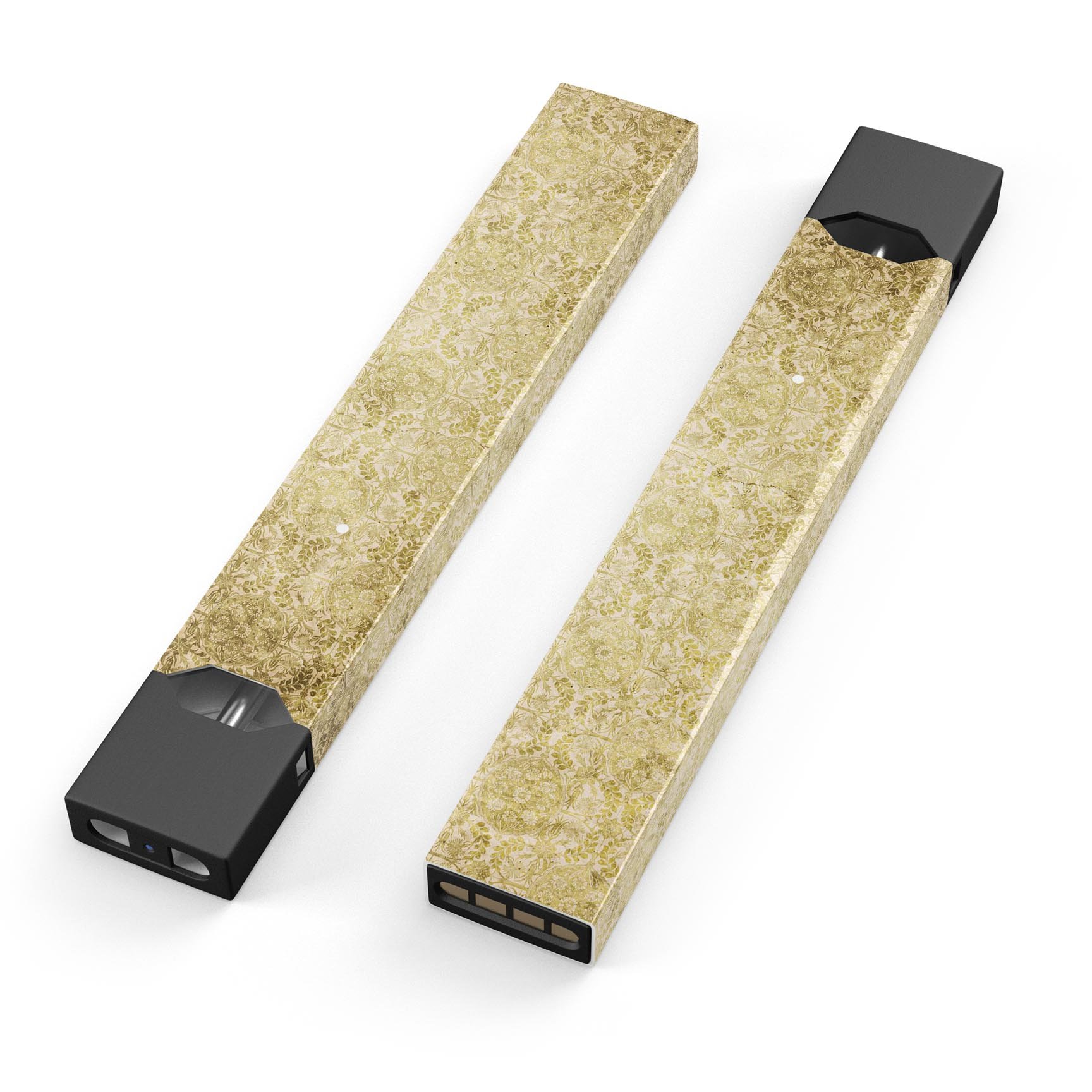 Faded Mustard Floral Damask Pattern decal on a JUUL vaping device, showcasing its stylish design and protective features.