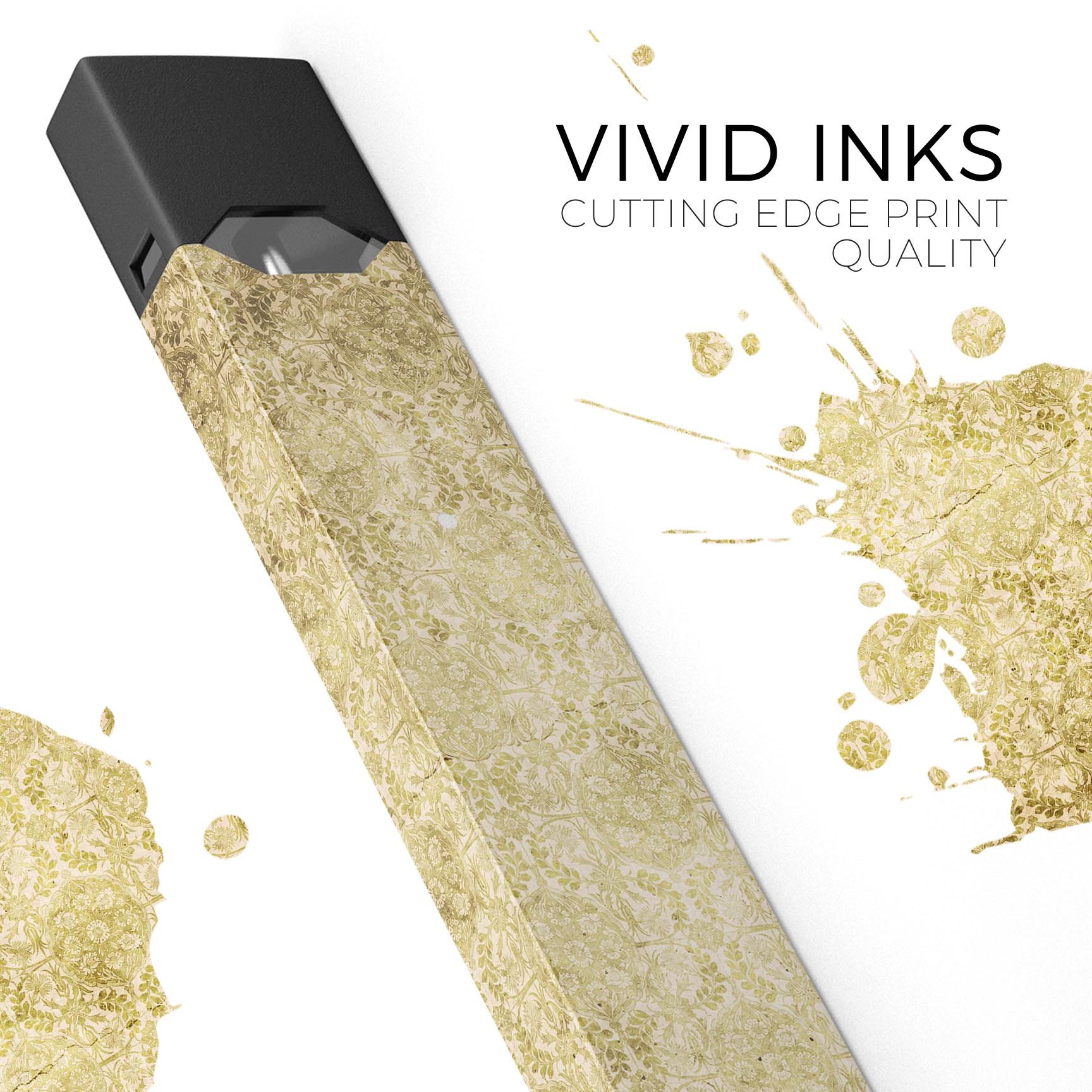 Faded Mustard Floral Damask Pattern decal on a JUUL vaping device, showcasing its stylish design and protective features.