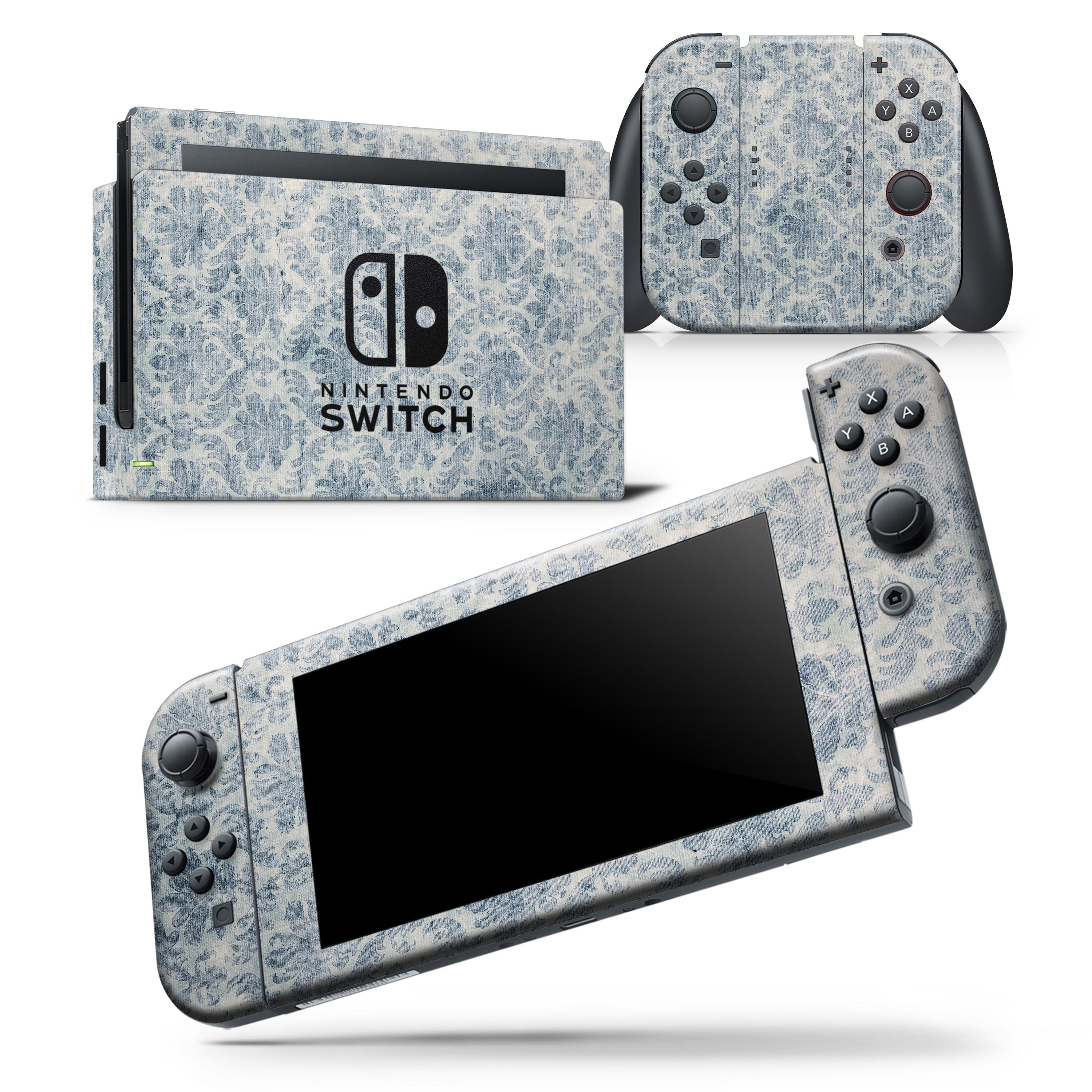 Faded Navy Floral Damask Pattern Skin Wrap Decal for Nintendo Switch, showcasing a stylish floral design on a console and controllers.