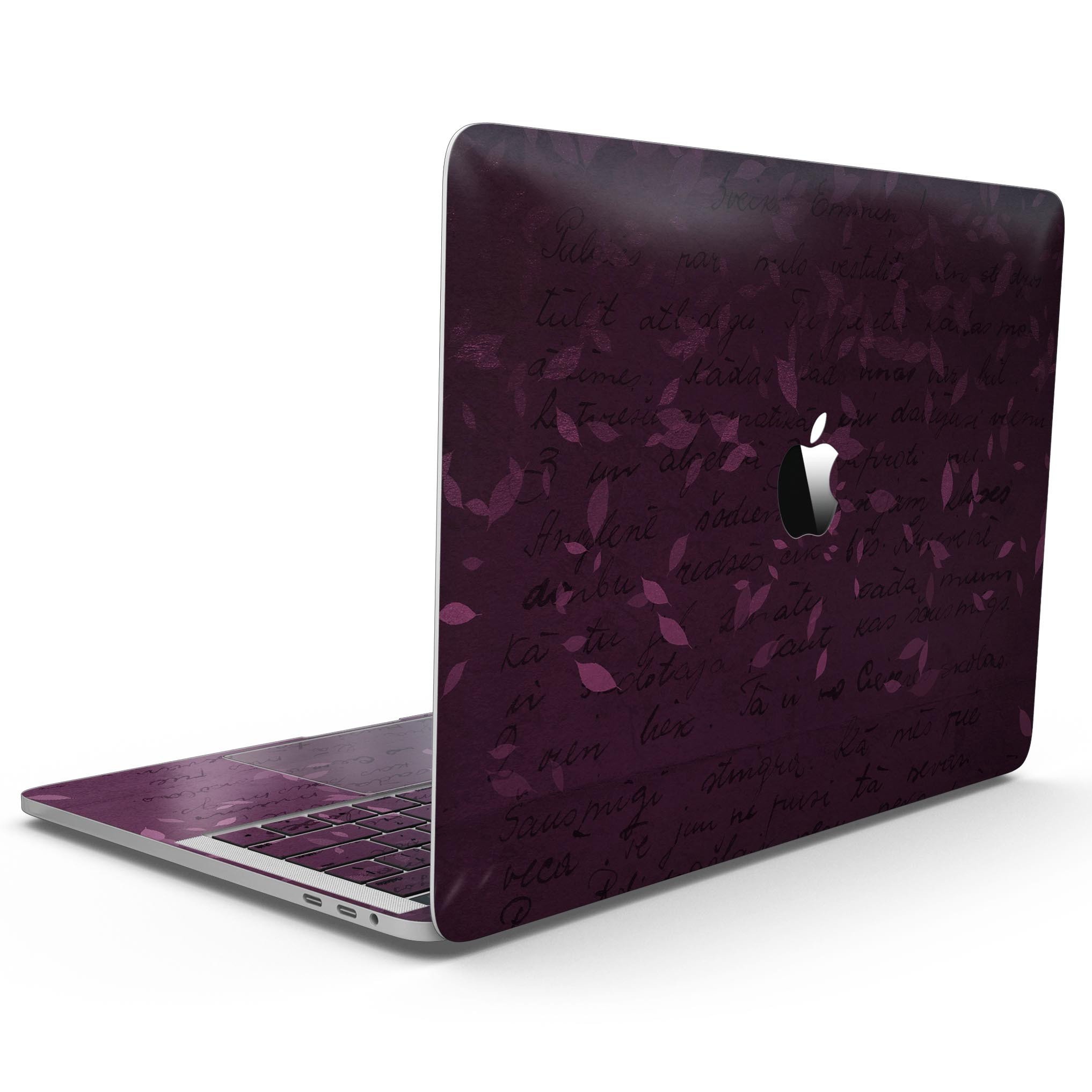 Faded Pink Petals skin for MacBook Pro with Touch Bar, showcasing a floral design over a burgundy background.