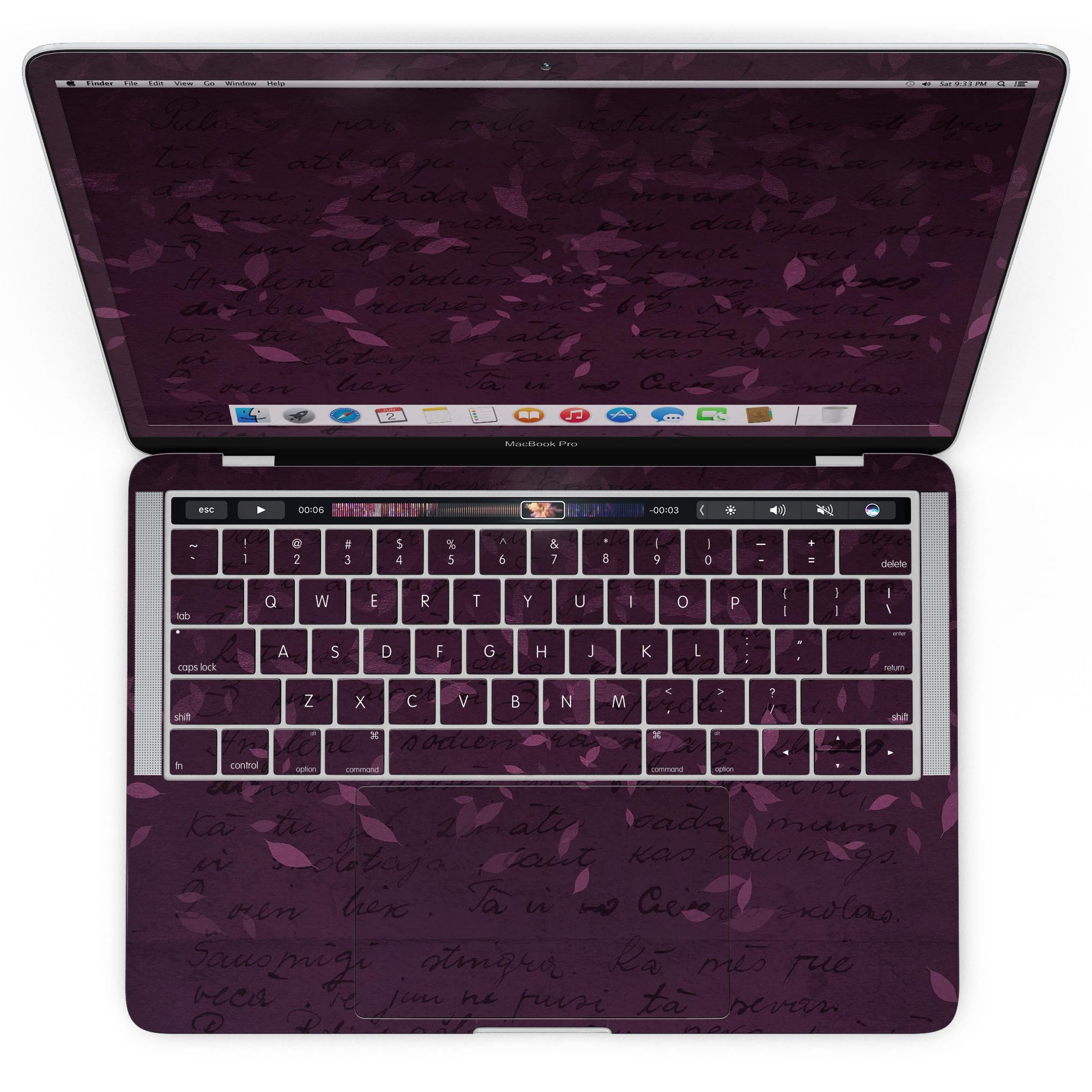 Faded Pink Petals skin for MacBook Pro with Touch Bar, showcasing a floral design over a burgundy background.