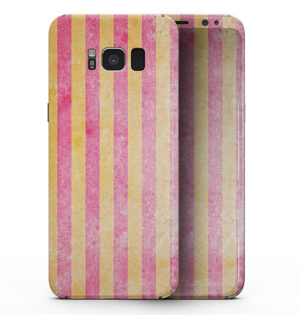 Samsung Galaxy S8 with faded red and mustard vertical stripes skin, showcasing a stylish and protective design.