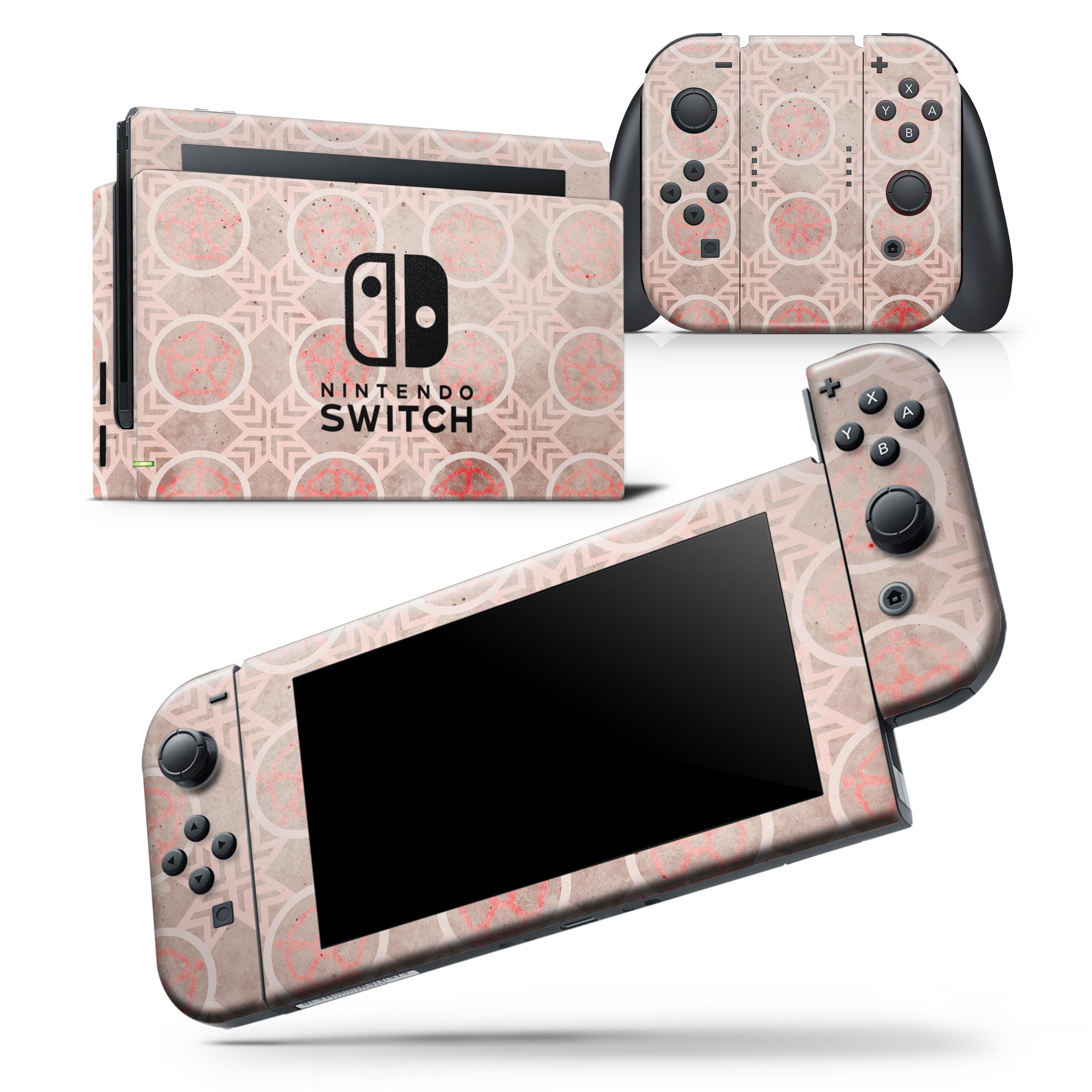 Faded Red Floral Cross Pattern Skin Wrap Decal for Nintendo Switch, showcasing vibrant floral design and precise fit.