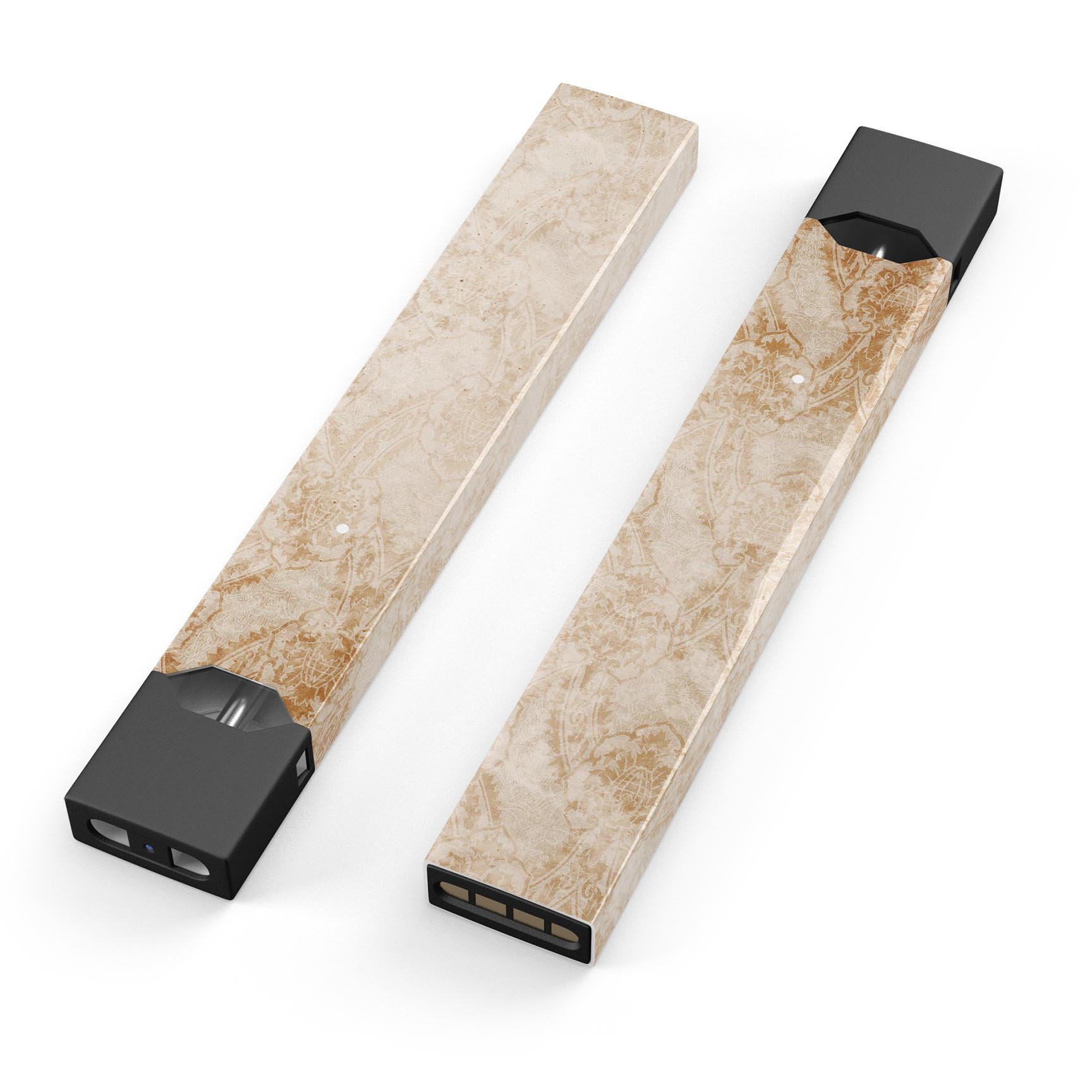 Faded Tan and Brown Ribbon Damask Pattern decal for JUUL vaping device, showcasing its stylish design and protective features.