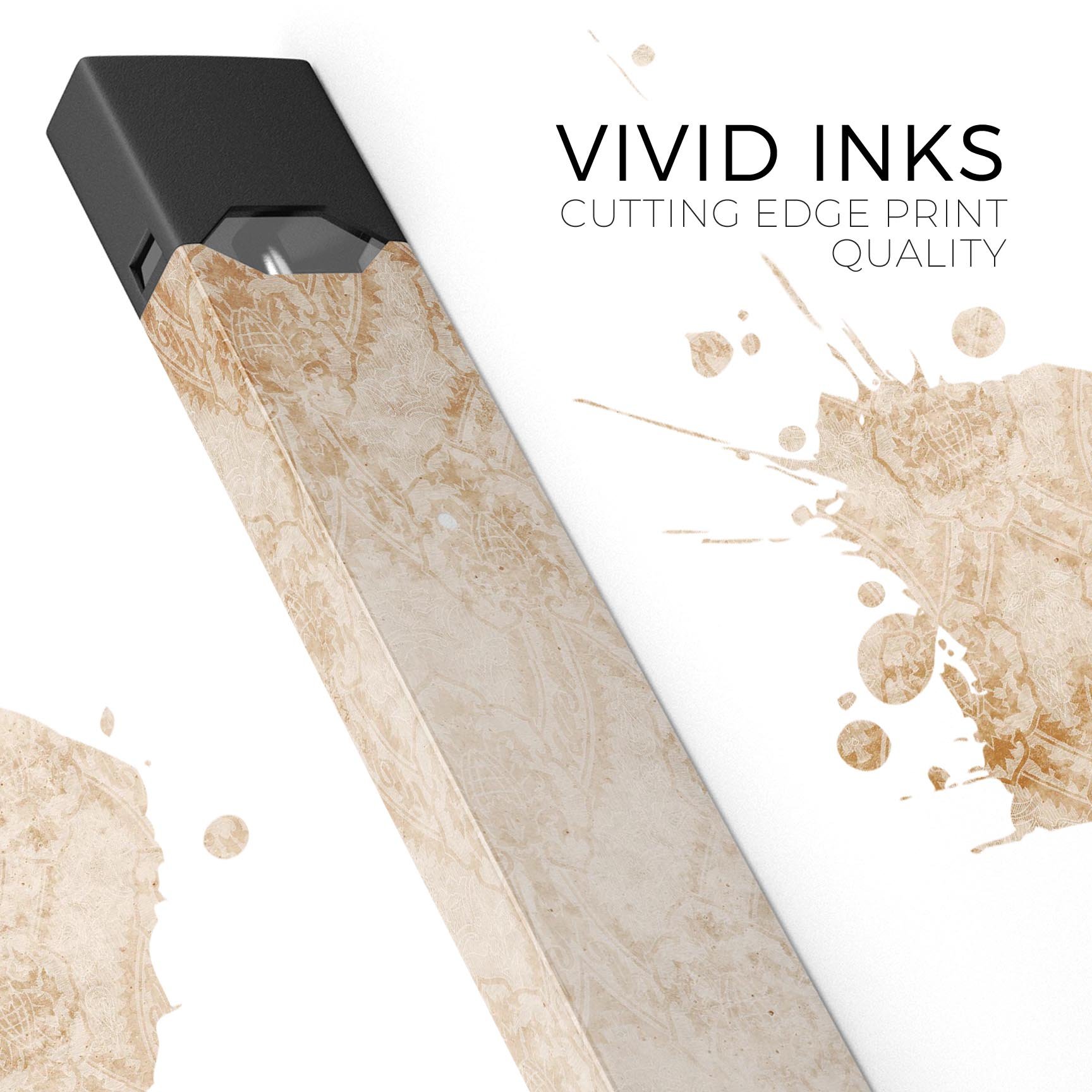 Faded Tan and Brown Ribbon Damask Pattern decal for JUUL vaping device, showcasing its stylish design and protective features.