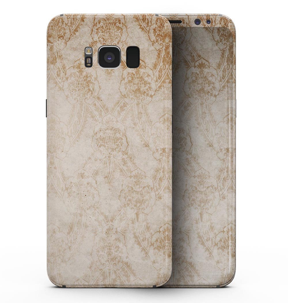 Faded Tan and Brown Ribbon Damask Pattern skin for Samsung Galaxy S8, showcasing its stylish design and premium vinyl material.