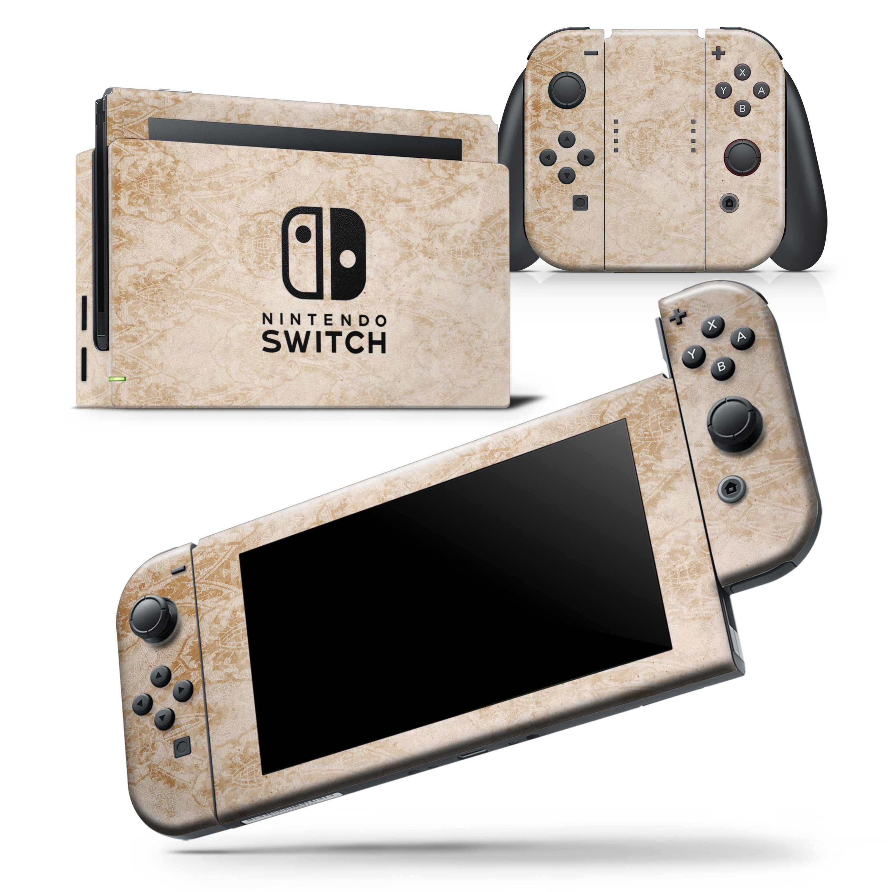 Faded Tan and Brown Ribbon Damask Pattern skin wrap decal for Nintendo Switch, showcasing a stylish design that fits snugly on the console and controllers.