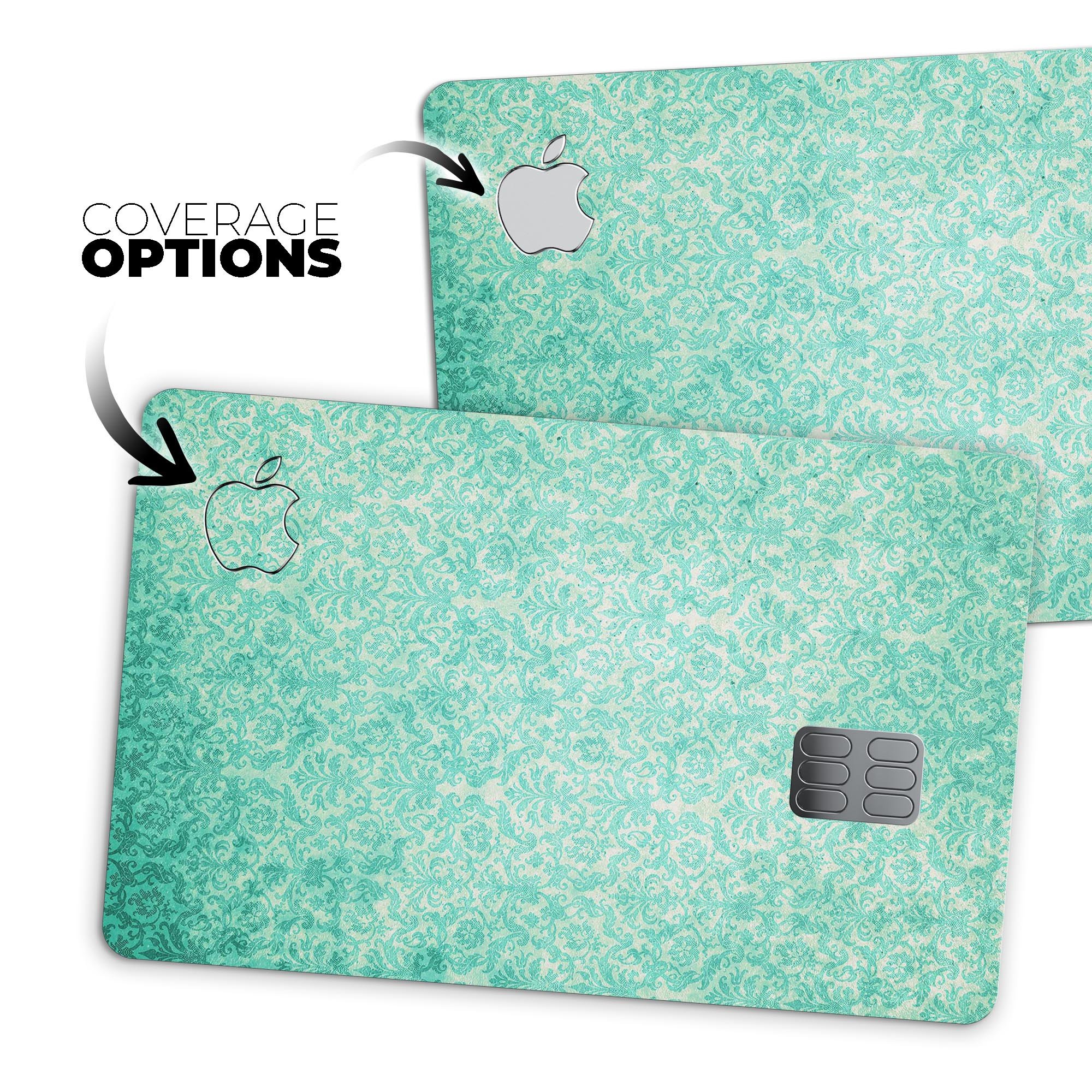 Faded teal and green patterned premium protective decal for Apple Card, showcasing its stylish design and protective features.