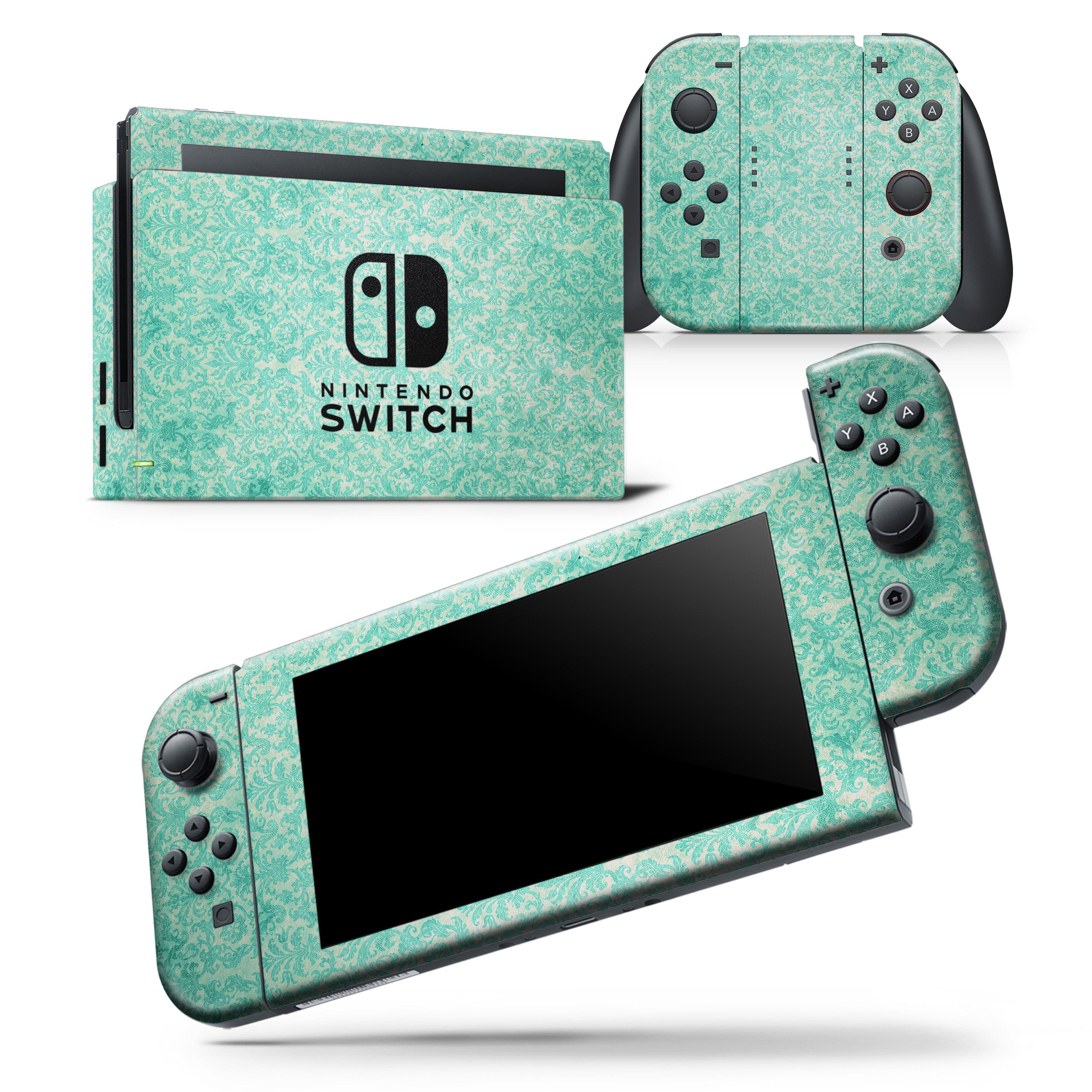 Faded teal and green luxury skin wrap decal for Nintendo Switch, showcasing a stylish design that fits the console and controllers perfectly.