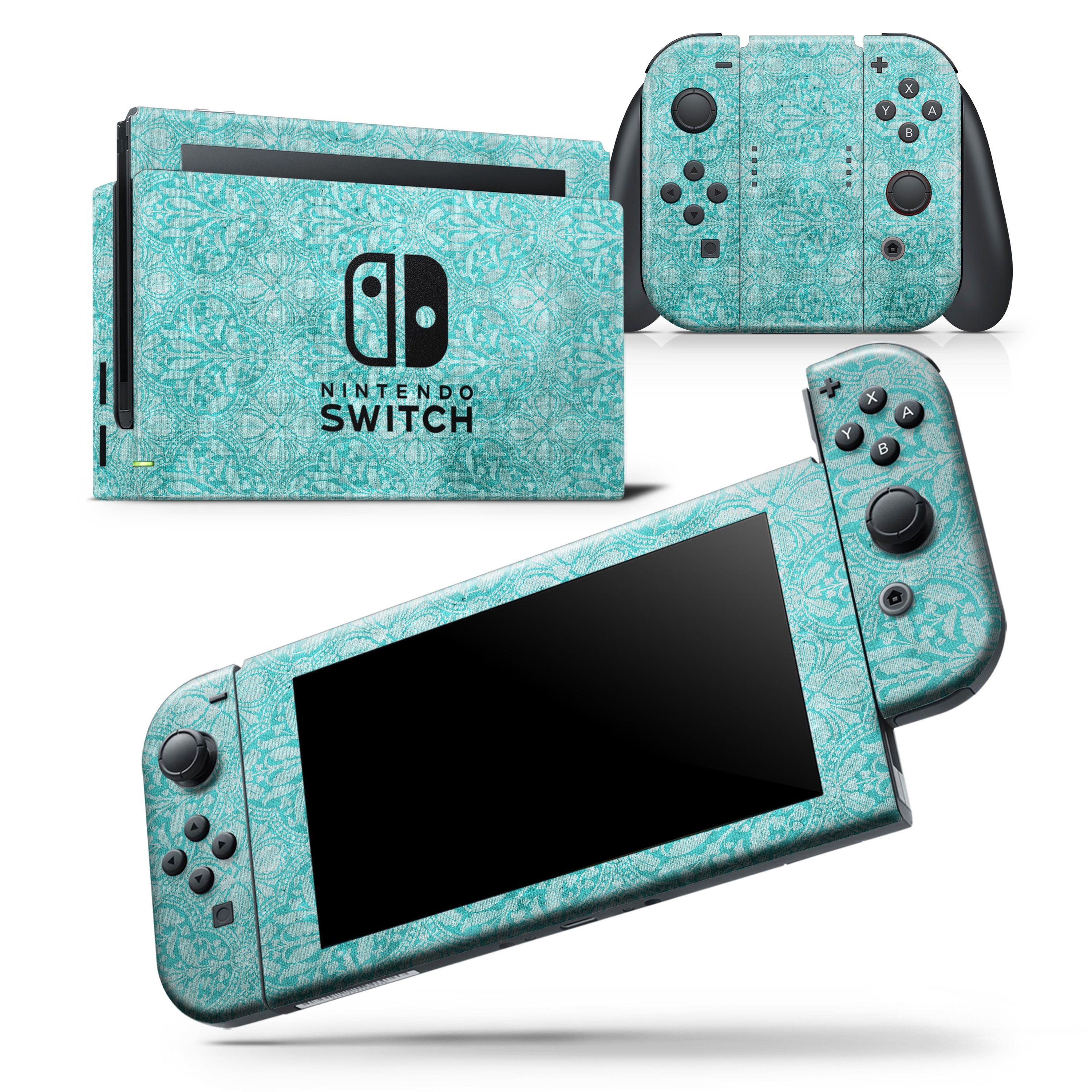 Faded Teal and Scratched Royal Surface Skin Wrap Decal for Nintendo Switch, showcasing a stylish design that fits snugly on the console and controllers.