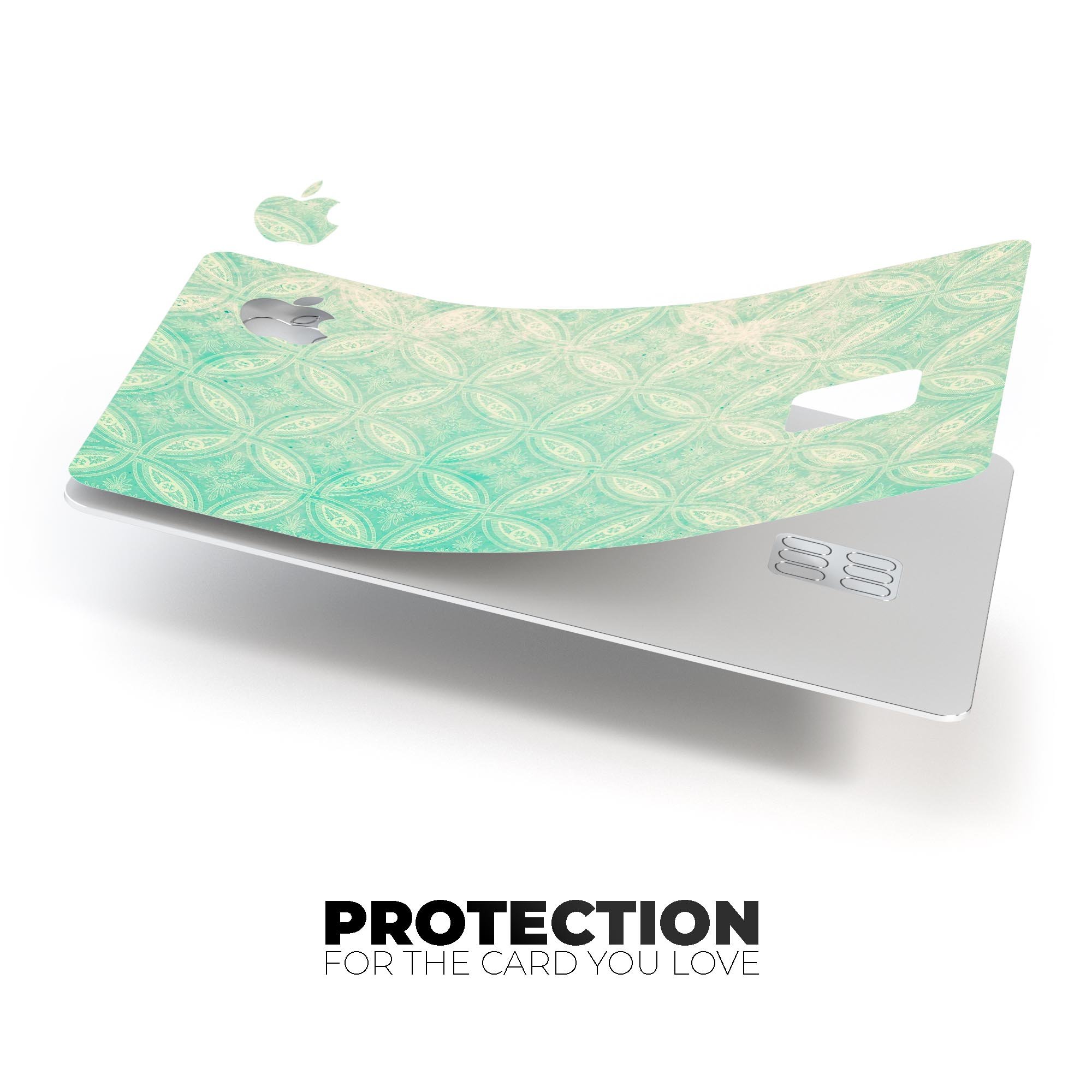 Faded teal overlapping circles decal skin for Apple Card, showcasing its premium design and protective features.