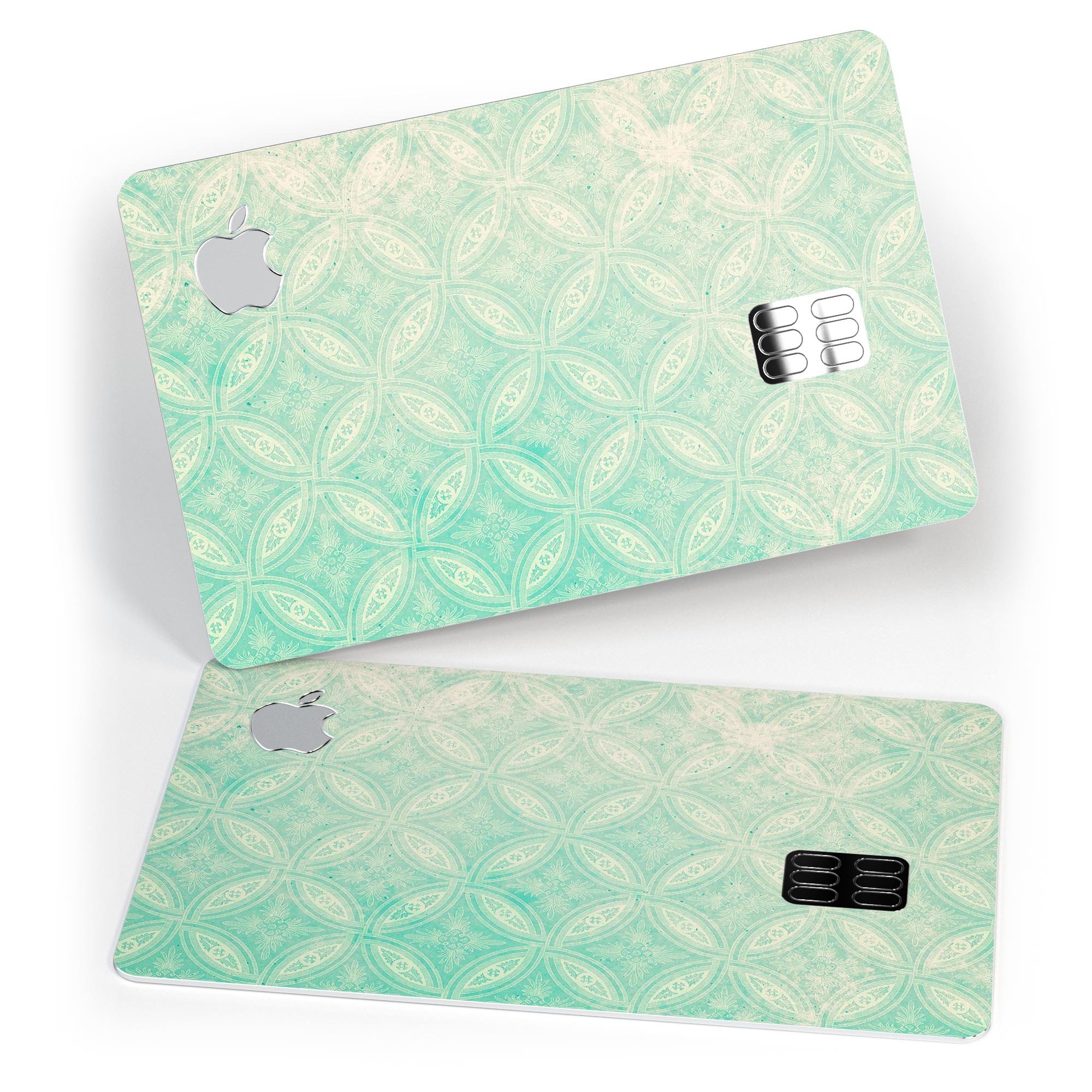 Faded teal overlapping circles decal skin for Apple Card, showcasing its premium design and protective features.