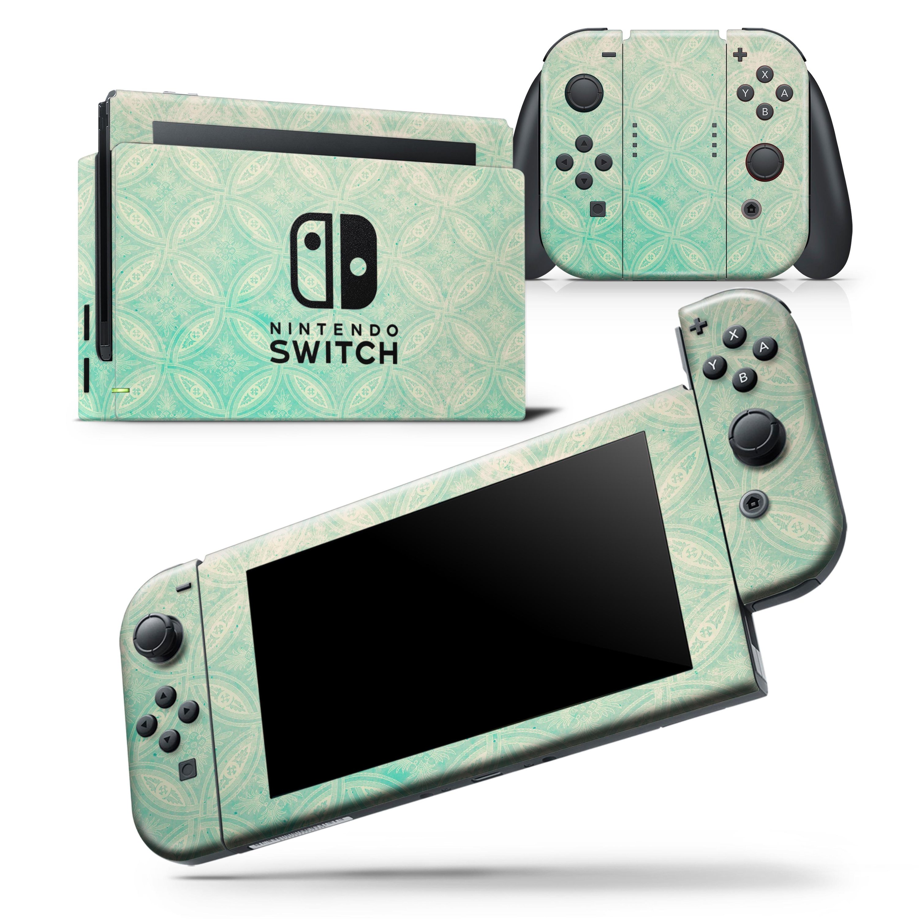 Faded teal overlapping circles skin wrap decal for Nintendo Switch, showcasing a stylish design that fits the console and controllers perfectly.