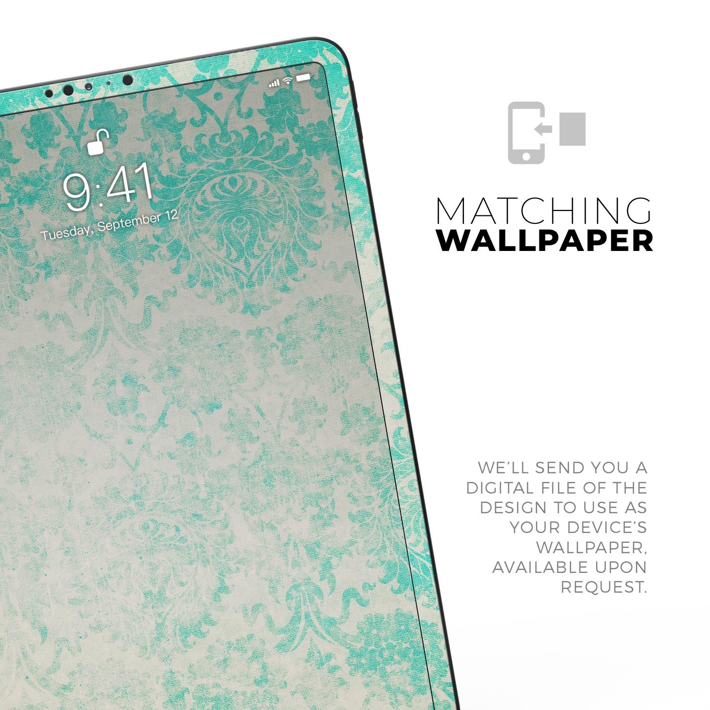 Faded teal pattern skin decal for Apple devices, showcasing intricate design and premium finish.