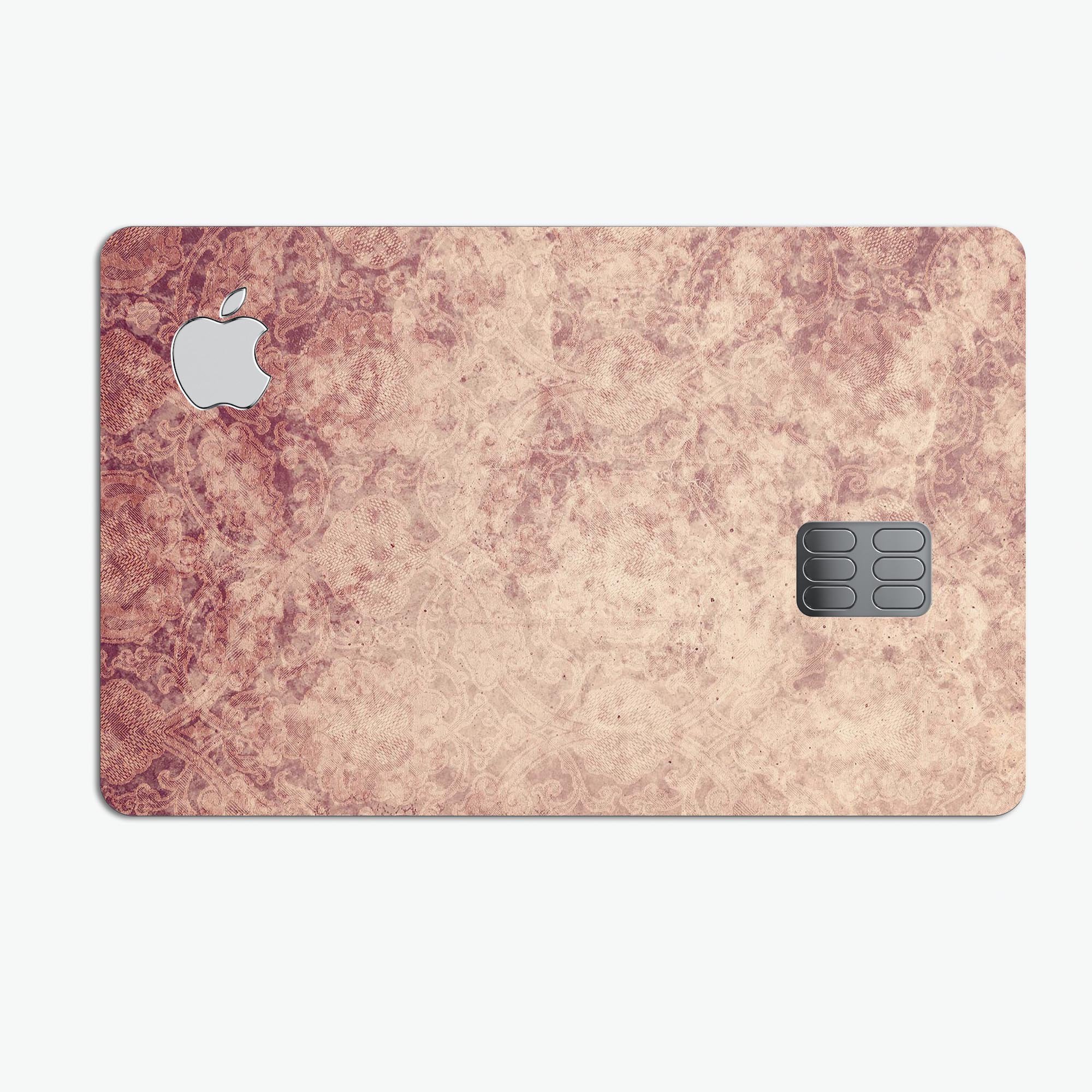 Faded Vintage Maroon Rococo Pattern decal on an Apple Card, showcasing its elegant design and premium quality.