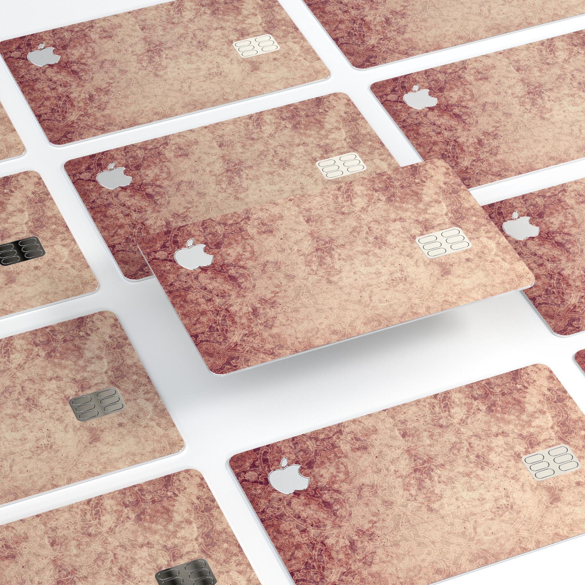 Faded Vintage Maroon Rococo Pattern decal on an Apple Card, showcasing its elegant design and premium quality.