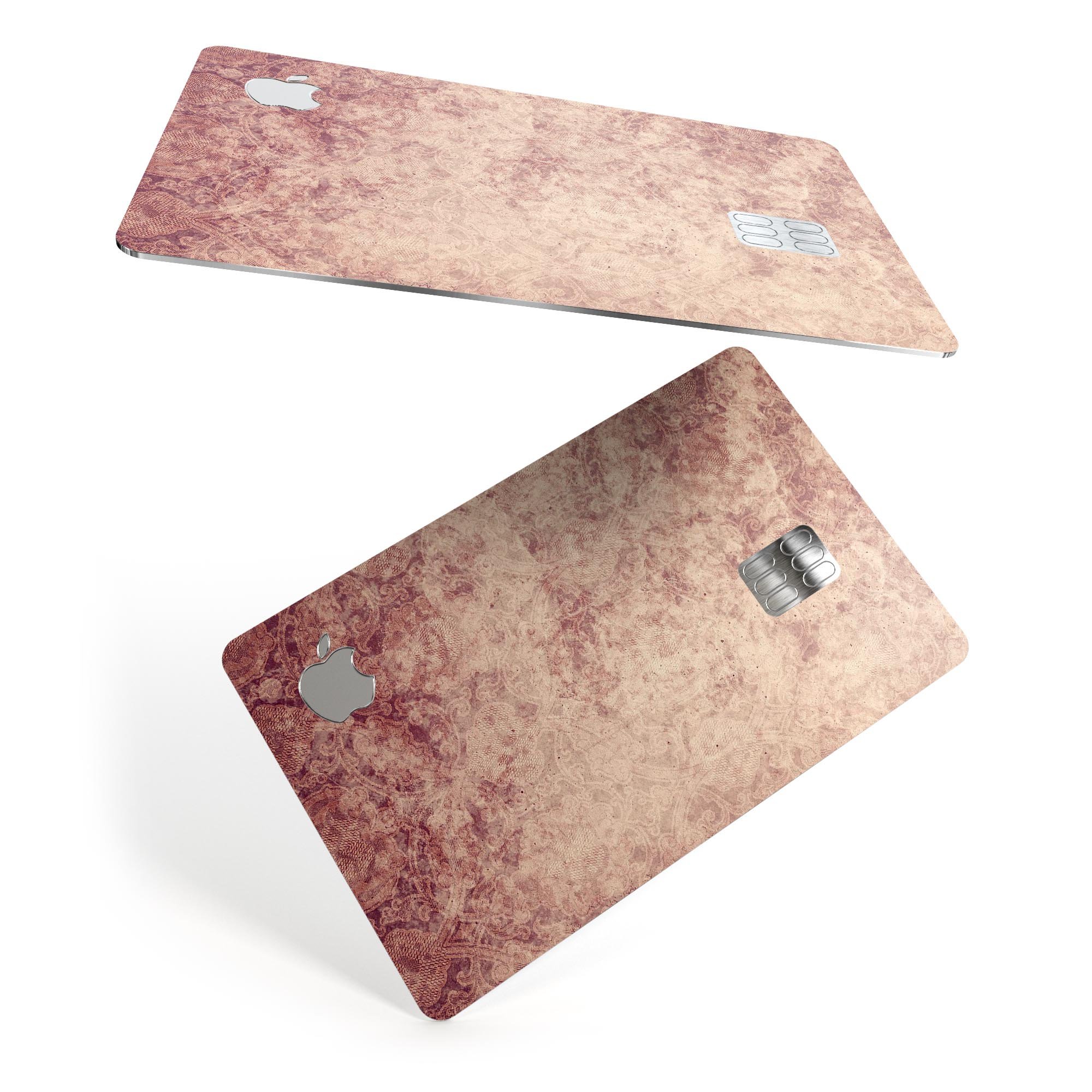 Faded Vintage Maroon Rococo Pattern decal on an Apple Card, showcasing its elegant design and premium quality.