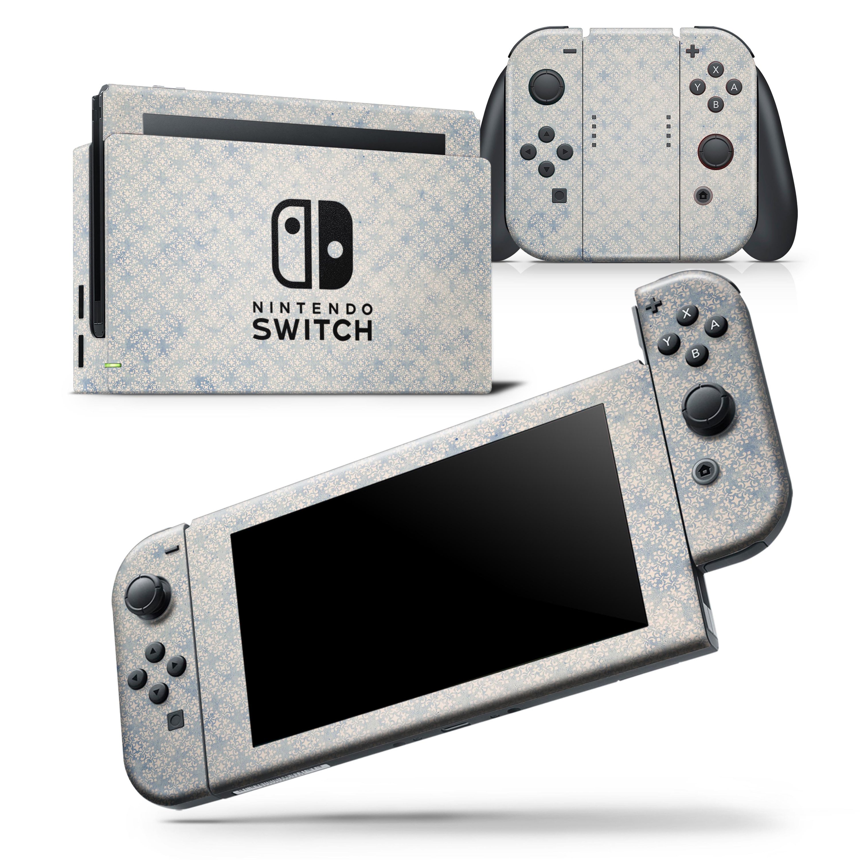 Faded white and blue interlocking squares skin wrap decal for Nintendo Switch, showcasing a stylish design that fits snugly on the console and controllers.