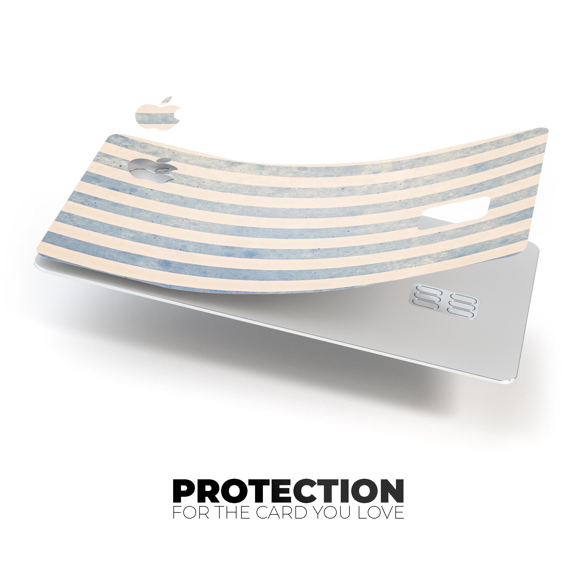 Faded White and Blue Vertical Stripes decal on an Apple Card, showcasing its premium design and protective features.