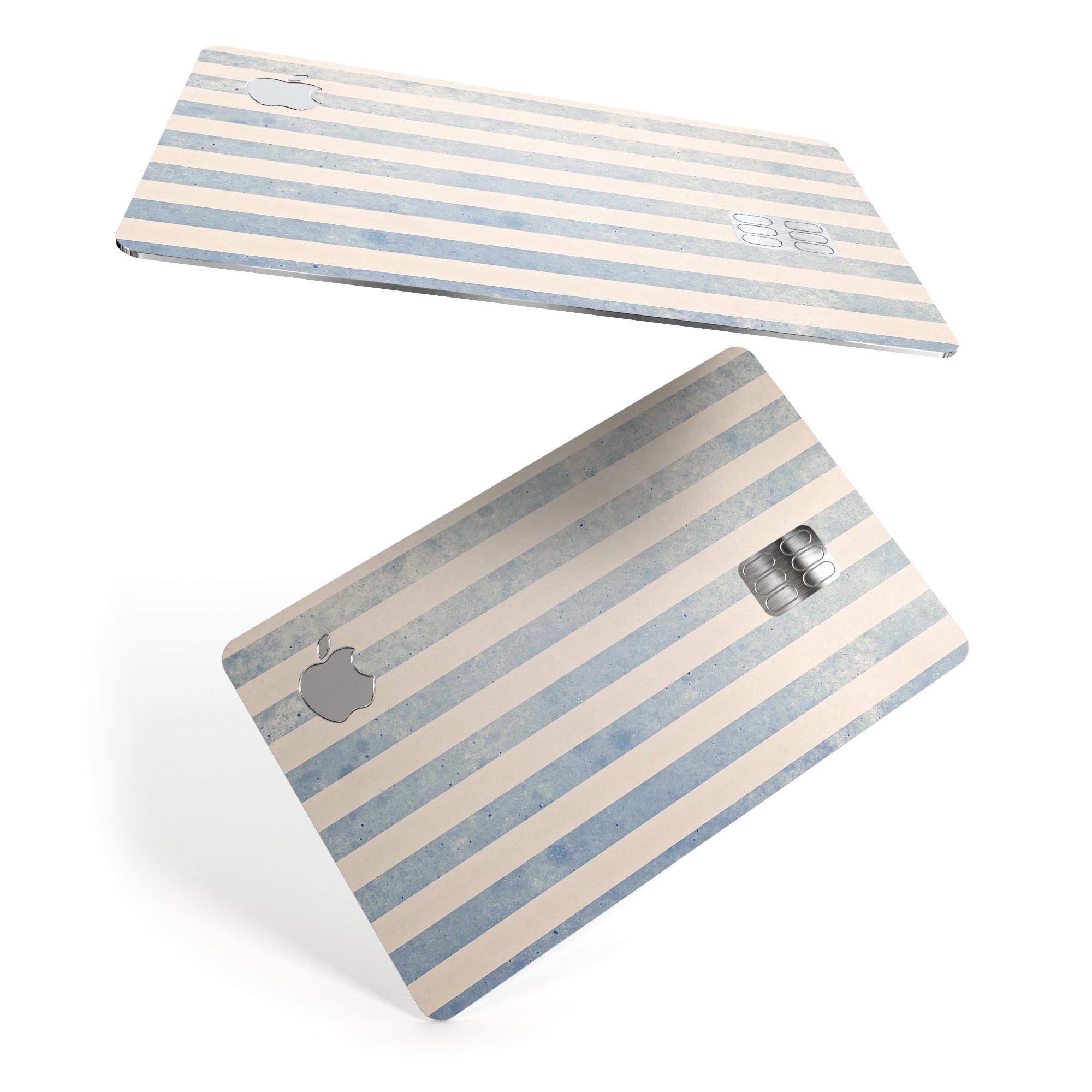 Faded White and Blue Vertical Stripes decal on an Apple Card, showcasing its premium design and protective features.