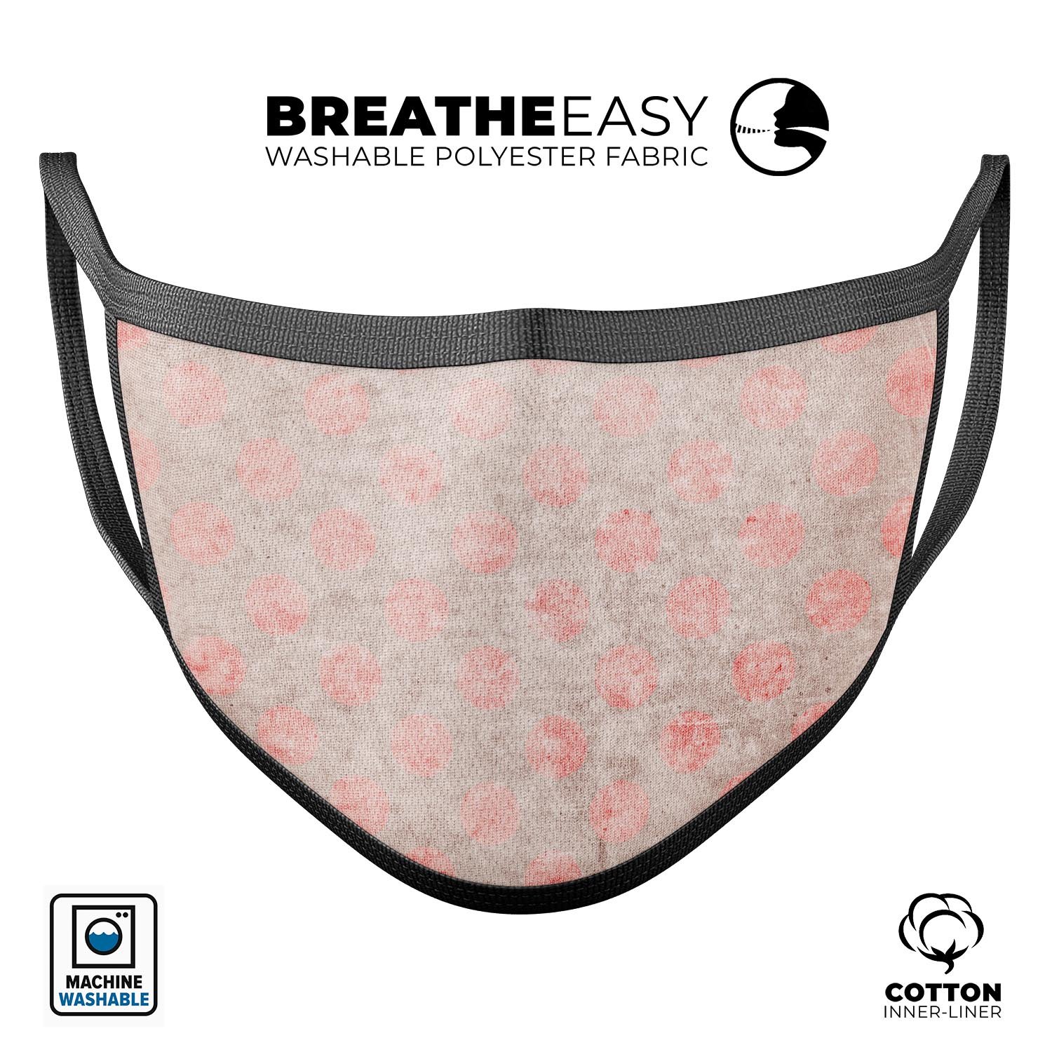 Fading Brown and Red Polkadotted Pattern mouth cover, showcasing its vibrant design and adjustable ear loops.