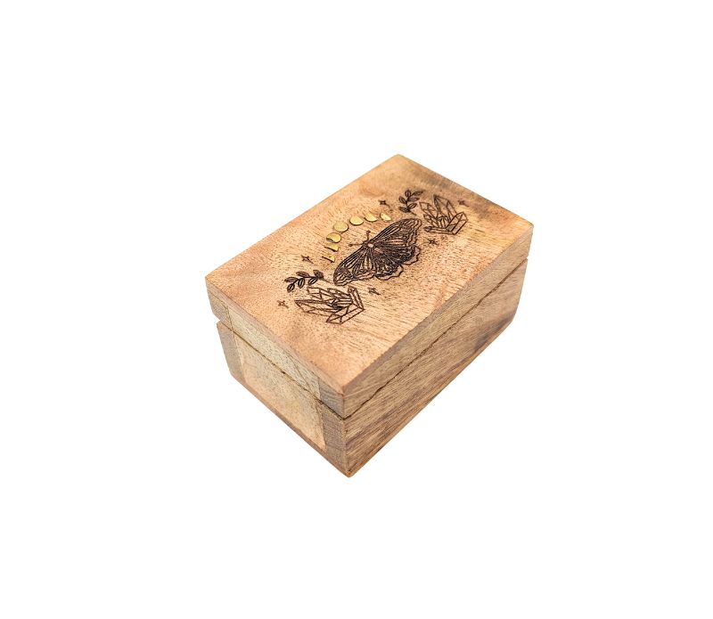 Fairy Fortune Mango Wood Box featuring a moth and crystal design with brass moon phases, perfect for storing crystals and sacred objects.