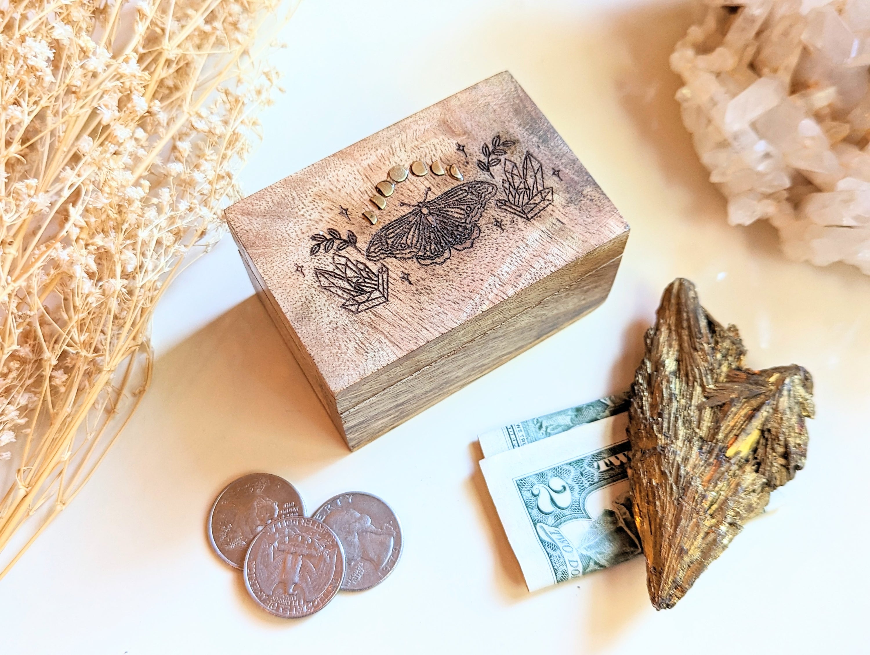 Fairy Fortune Mango Wood Box featuring a moth and crystal design with brass moon phases, perfect for storing crystals and sacred objects.