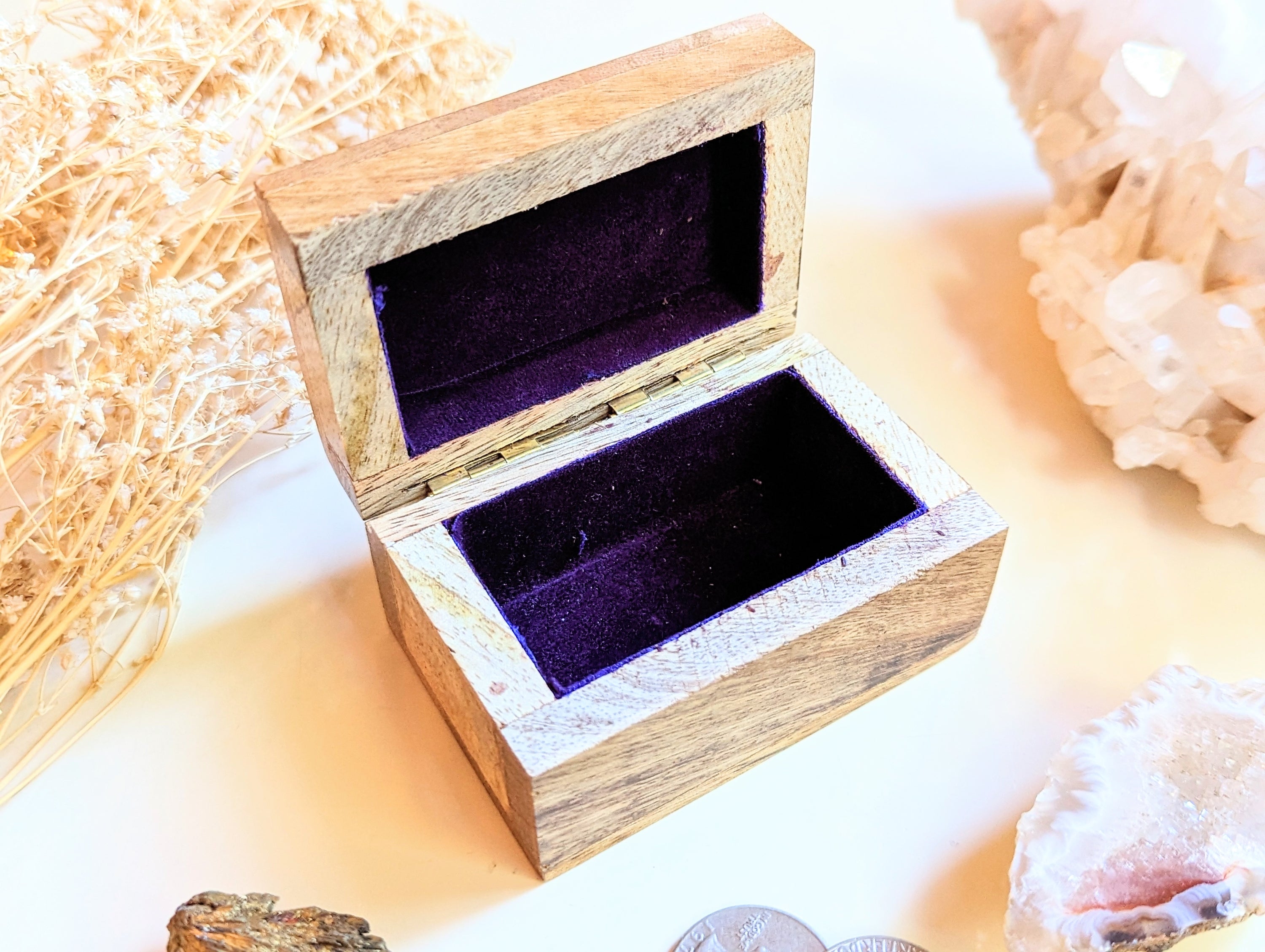 Fairy Fortune Mango Wood Box featuring a moth and crystal design with brass moon phases, perfect for storing crystals and sacred objects.