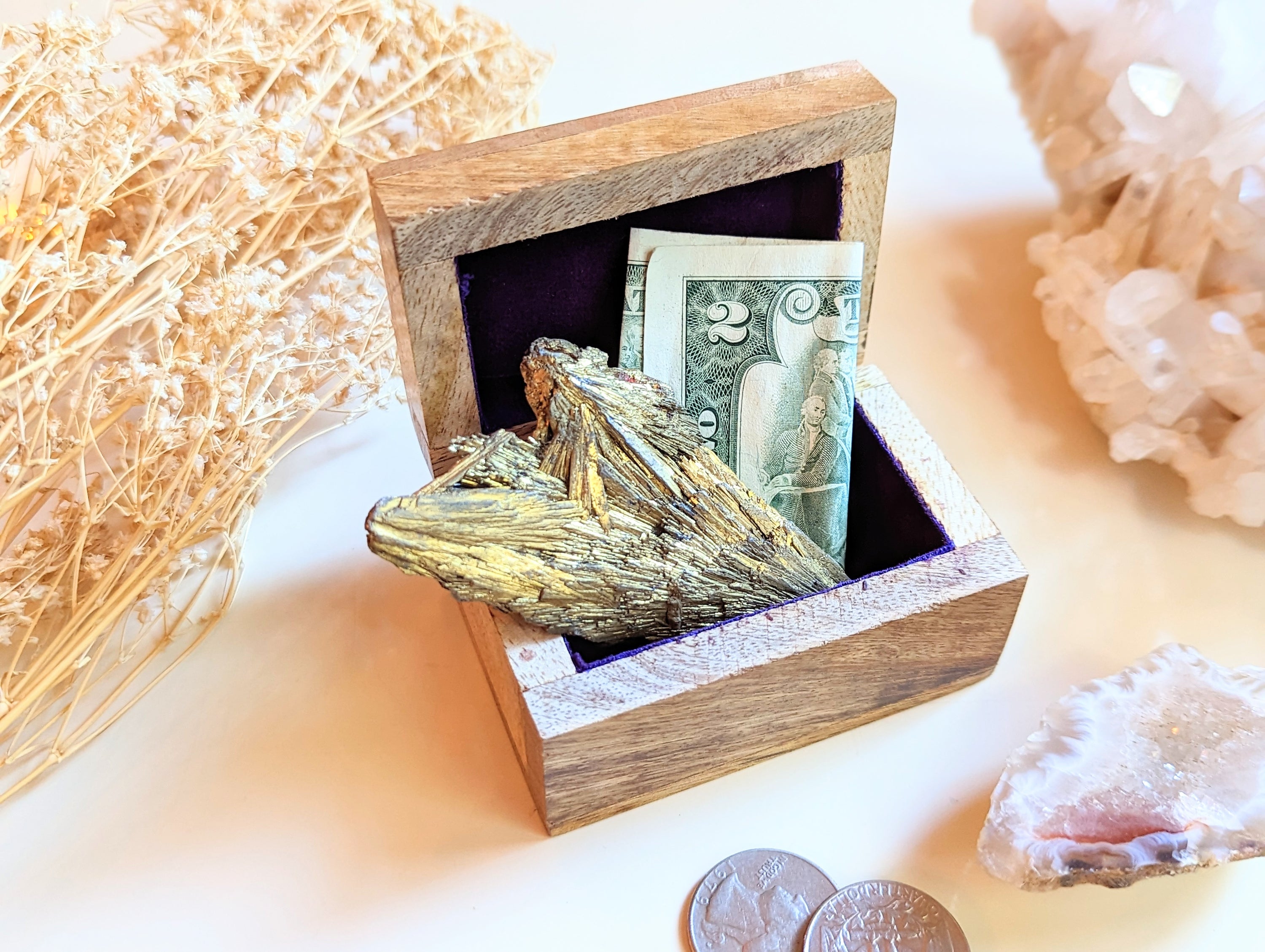 Fairy Fortune Mango Wood Box featuring a moth and crystal design with brass moon phases, perfect for storing crystals and sacred objects.