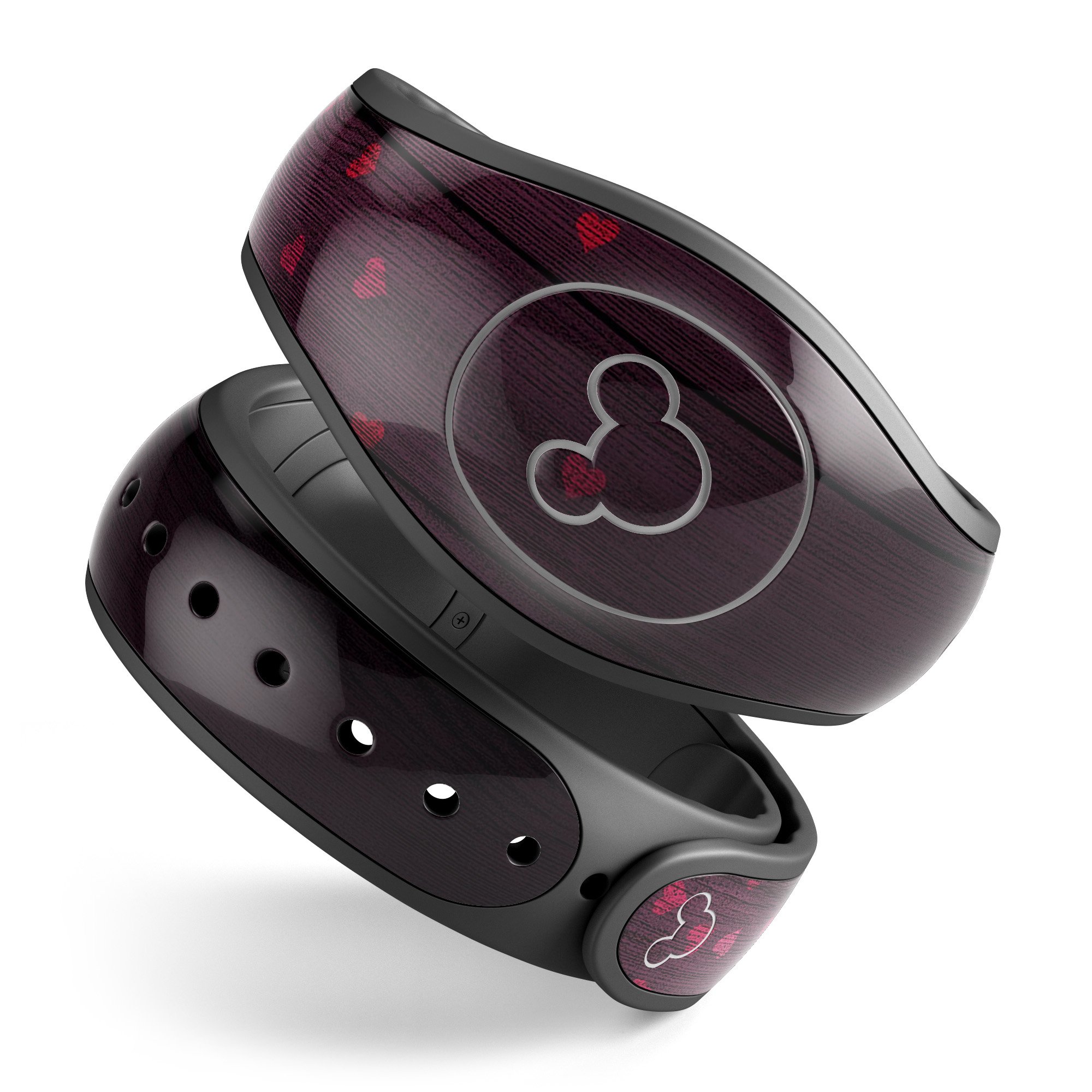 Falling Micro Hearts decal skin wrap on a burgundy wood background for Disney Magic Band, showcasing vibrant heart patterns.