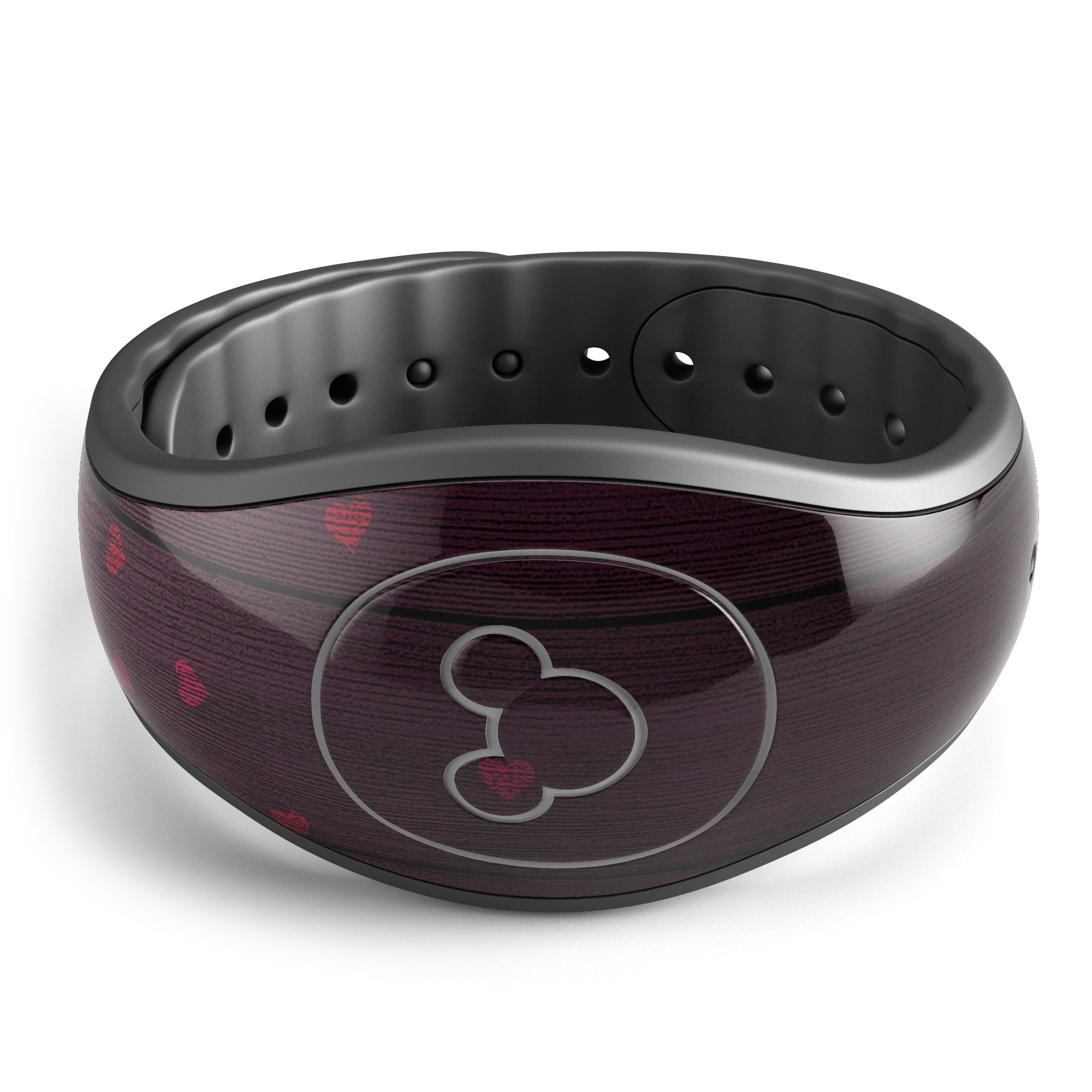 Falling Micro Hearts decal skin wrap on a burgundy wood background for Disney Magic Band, showcasing vibrant heart patterns.