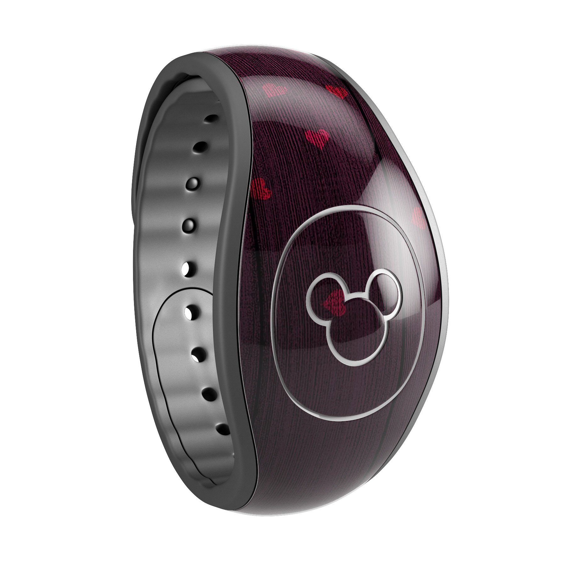 Falling Micro Hearts decal skin wrap on a burgundy wood background for Disney Magic Band, showcasing vibrant heart patterns.