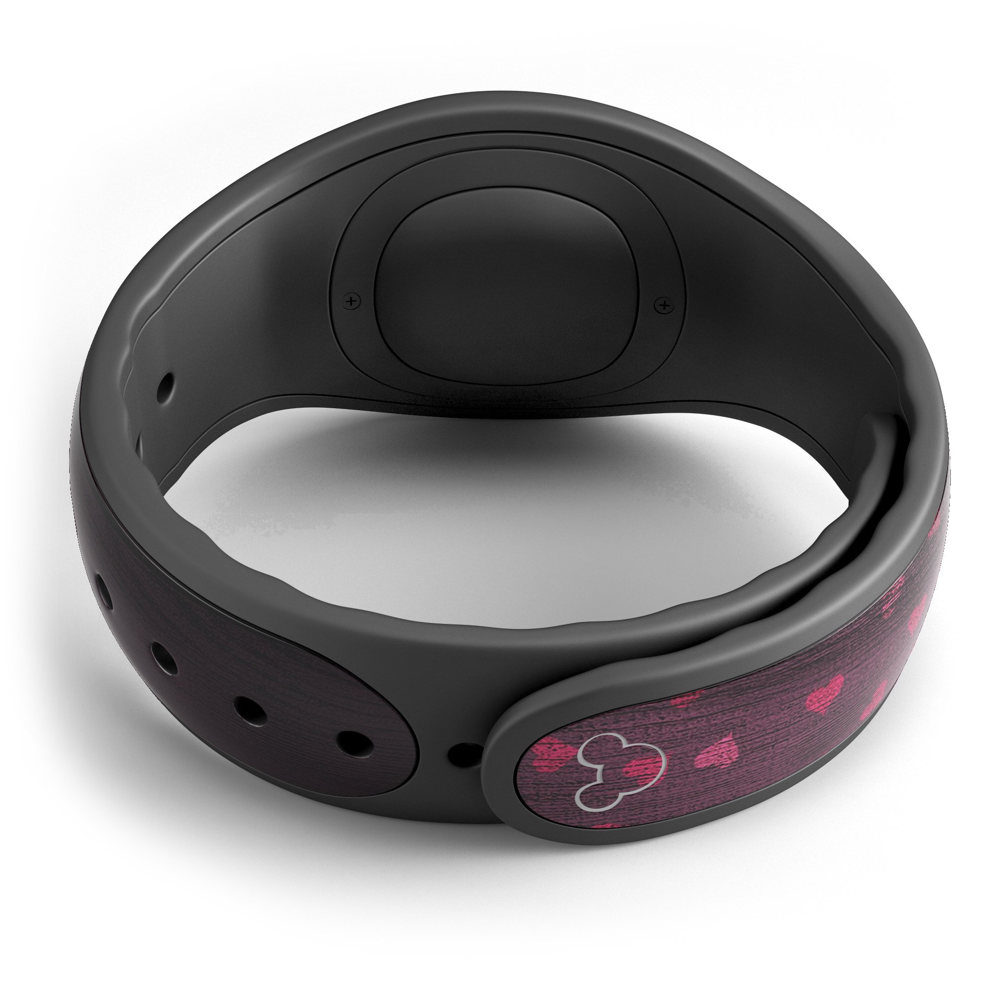 Falling Micro Hearts decal skin wrap on a burgundy wood background for Disney Magic Band, showcasing vibrant heart patterns.